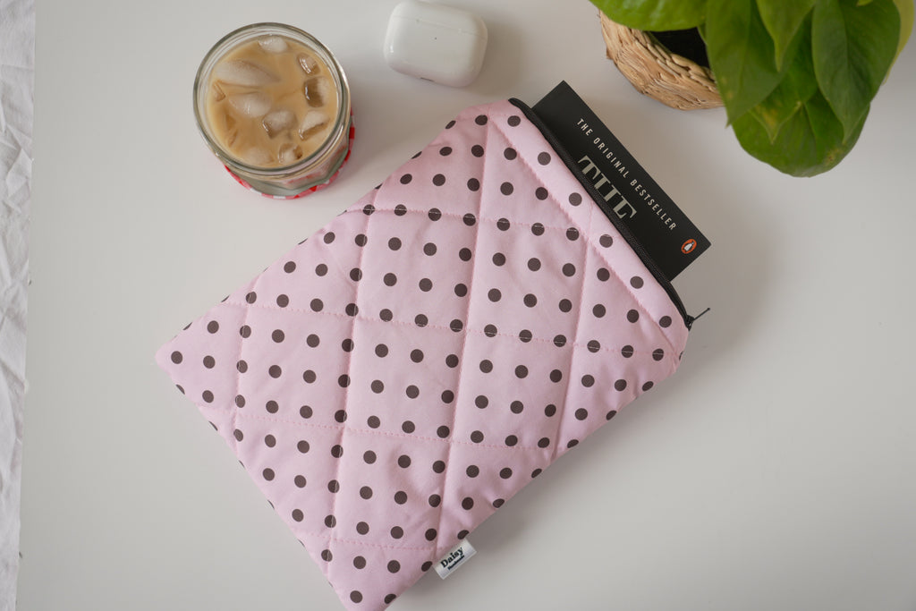 Quilted pink and brown polka dot book sleeve