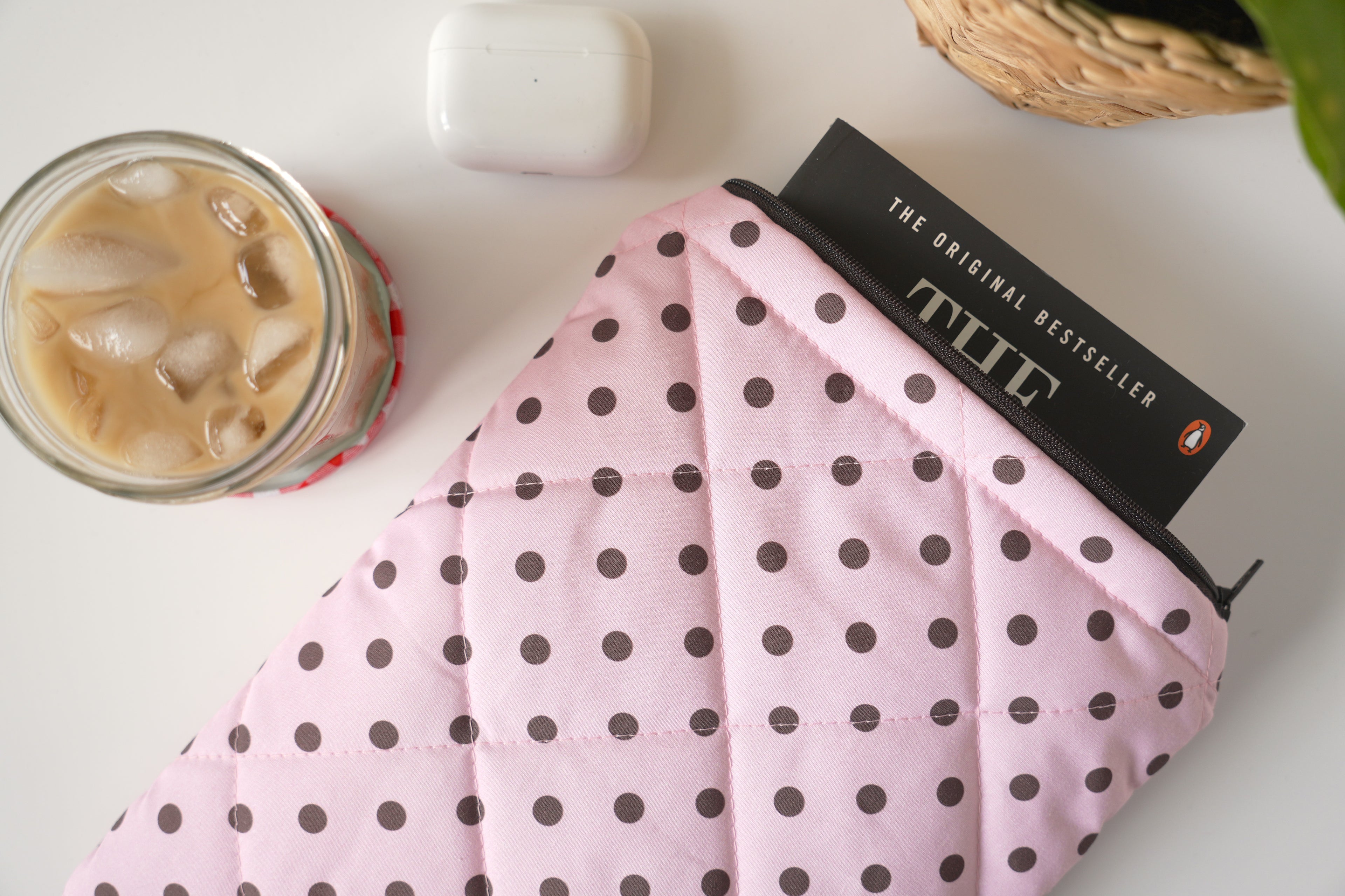 Quilted pink and brown polka dot book sleeve