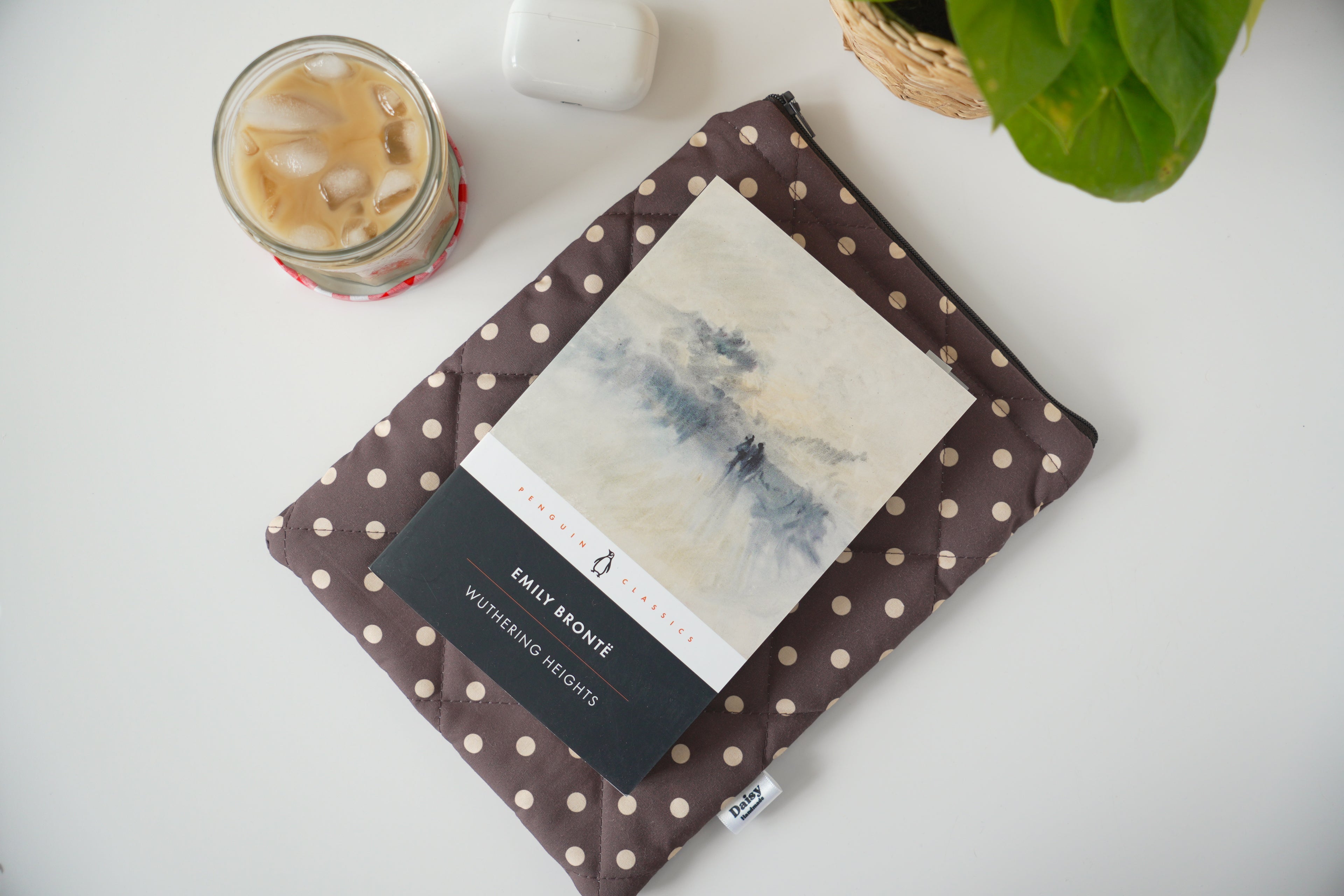 Quilted brown and yellow polka dot book sleeve