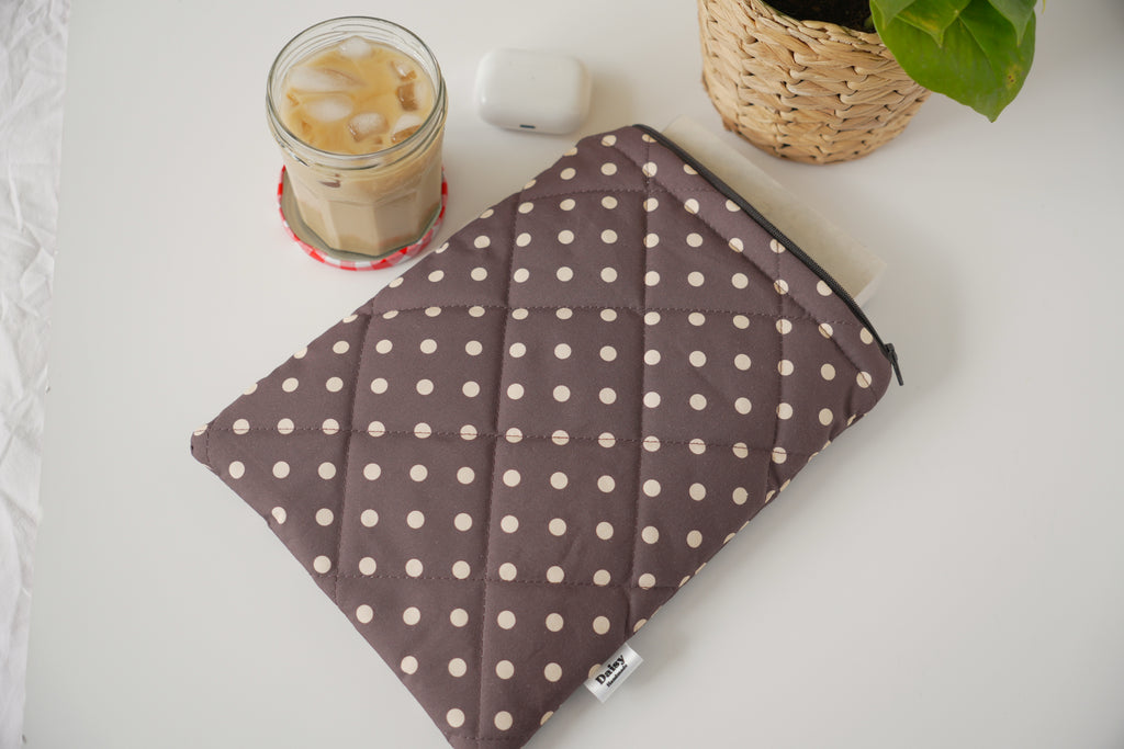 Quilted brown and yellow polka dot book sleeve