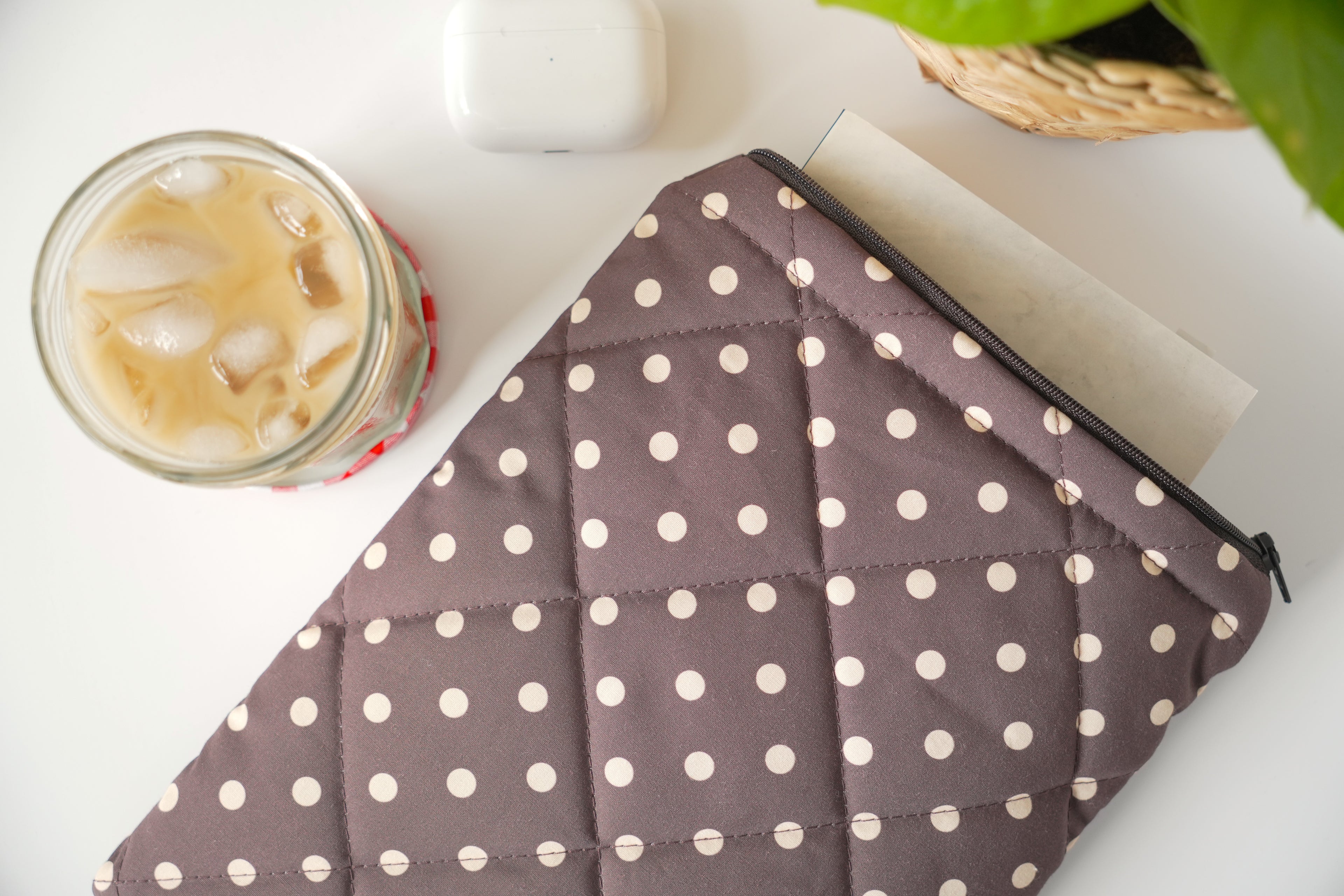 Quilted brown and yellow polka dot book sleeve