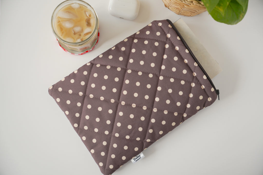 Quilted brown and yellow polka dot book sleeve