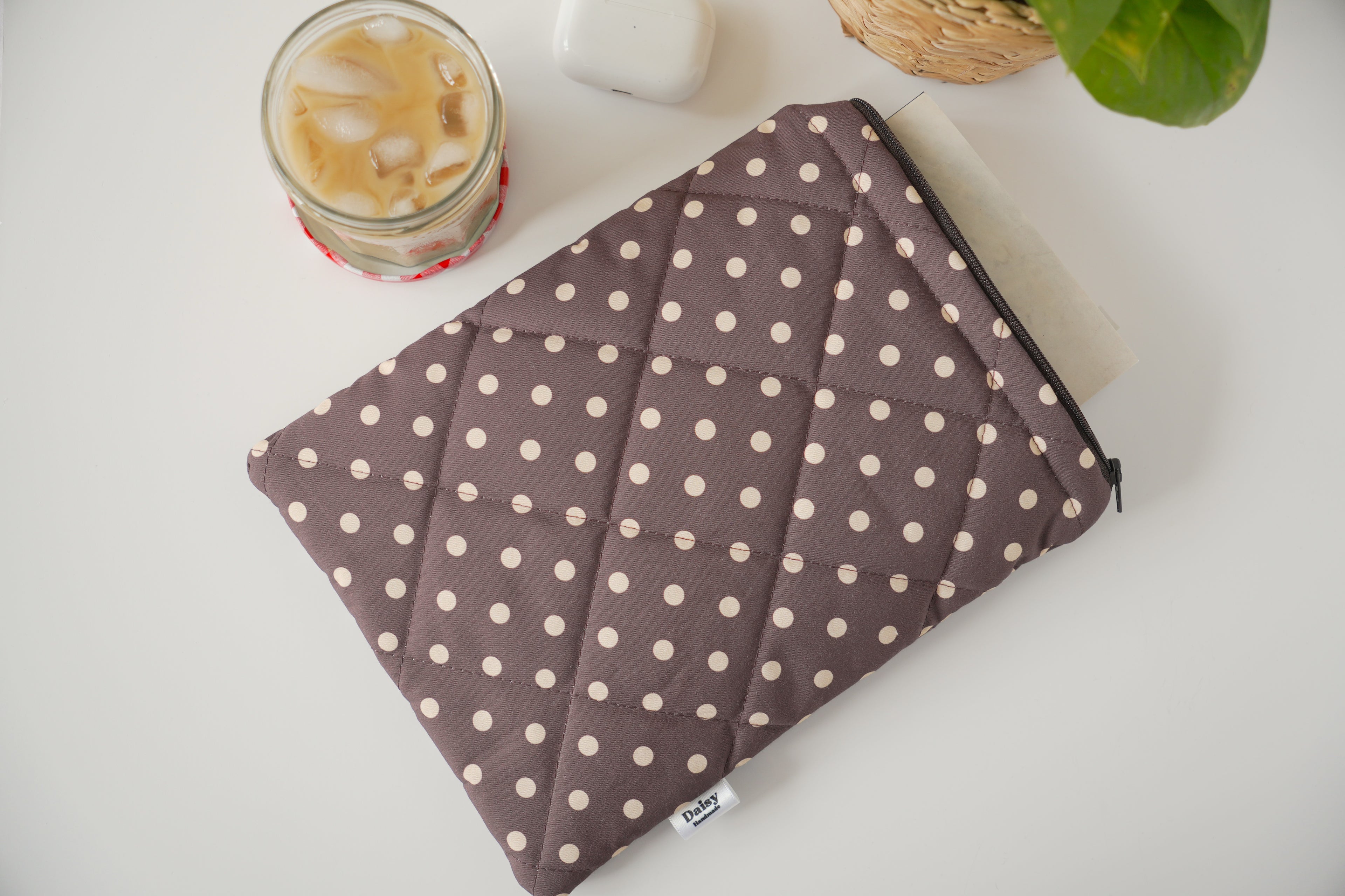 Quilted brown and yellow polka dot book sleeve