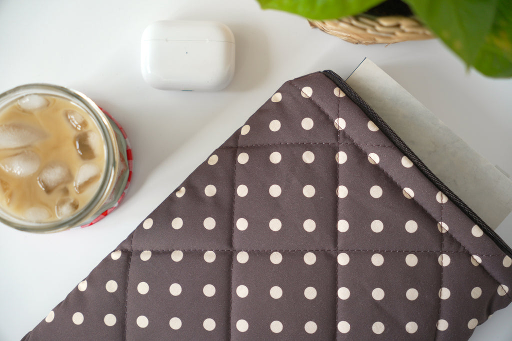 Quilted brown and yellow polka dot book sleeve