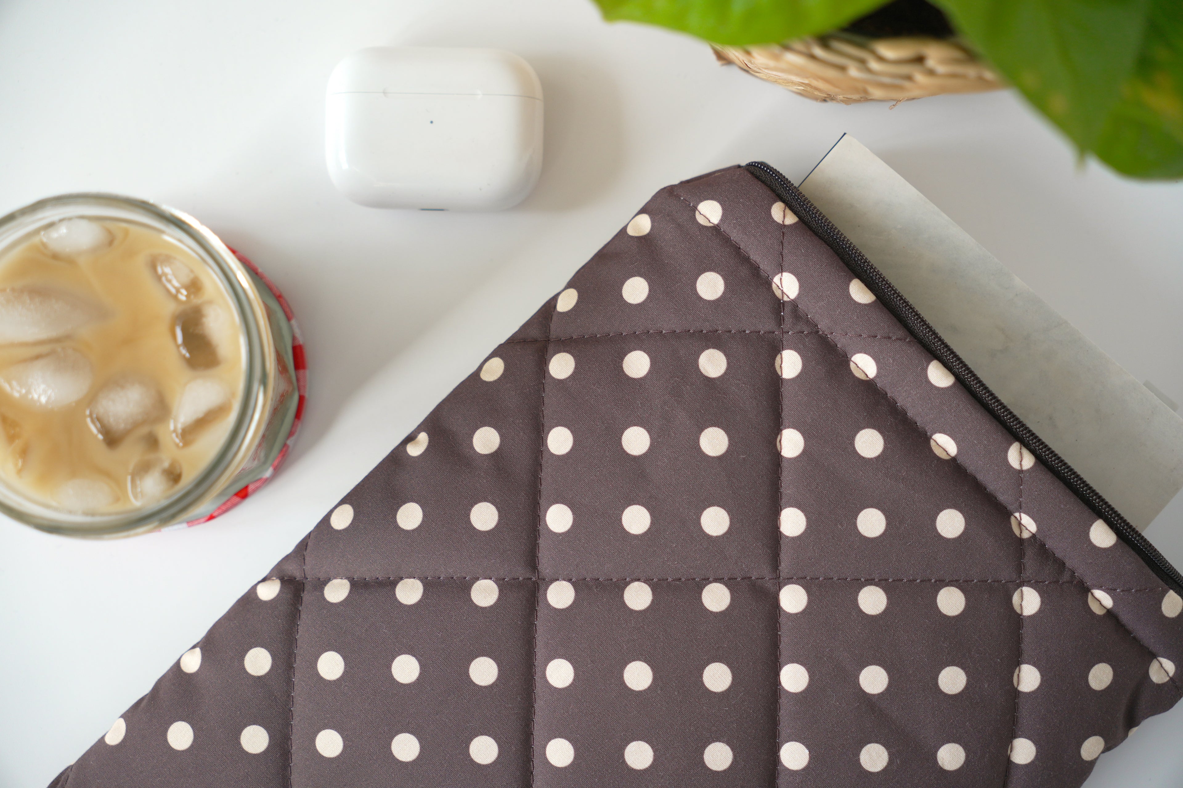 Quilted brown and yellow polka dot book sleeve