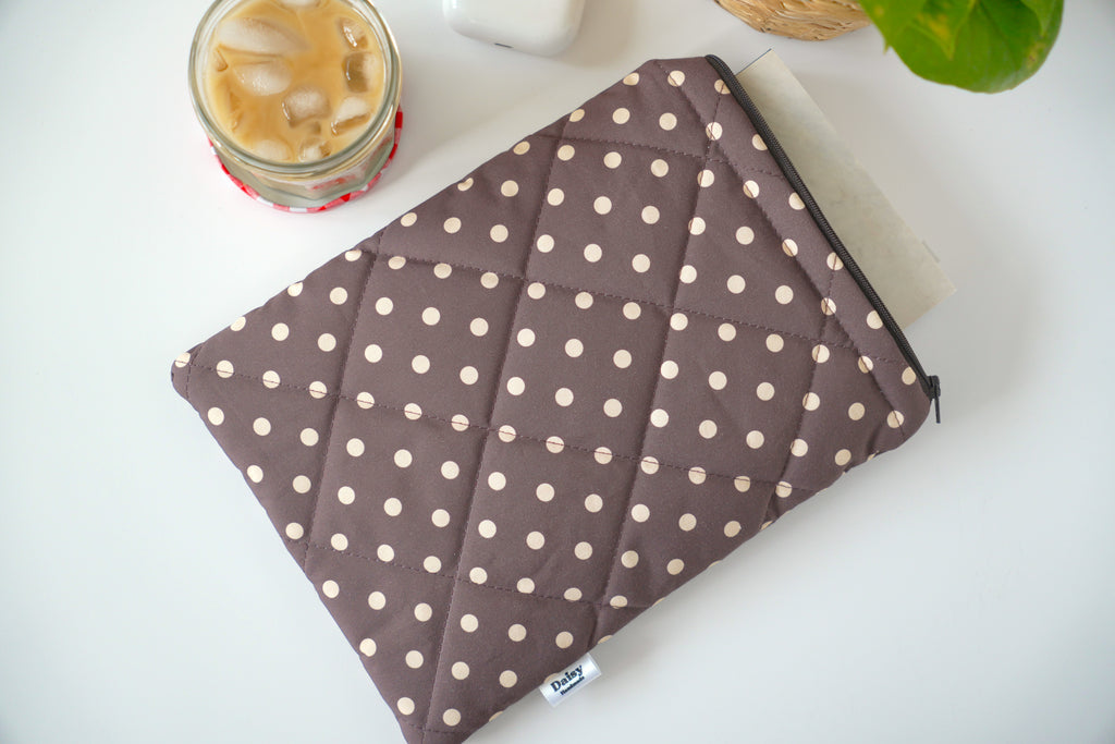 Quilted brown and yellow polka dot book sleeve