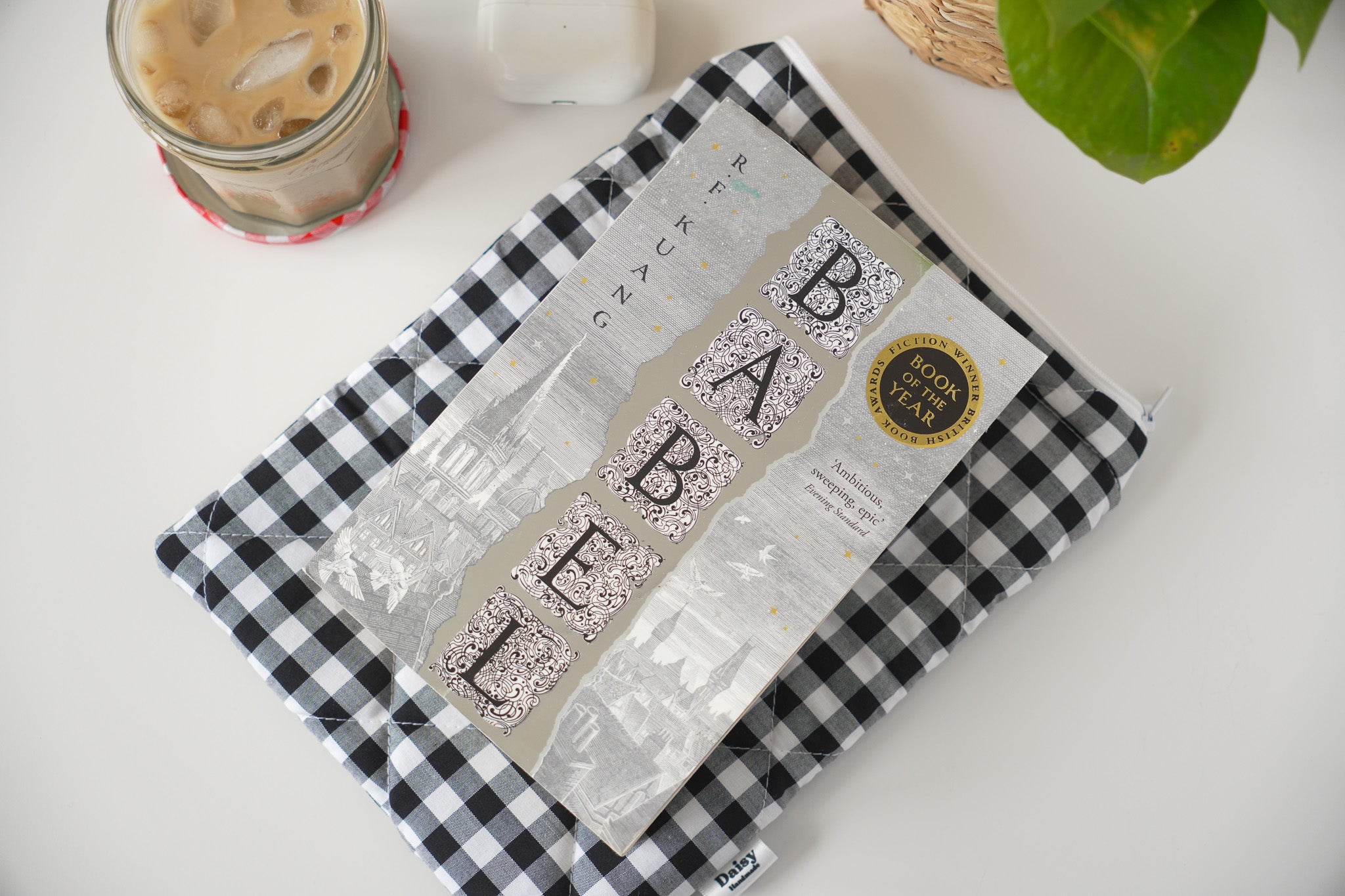 Quilted black gingham book sleeve