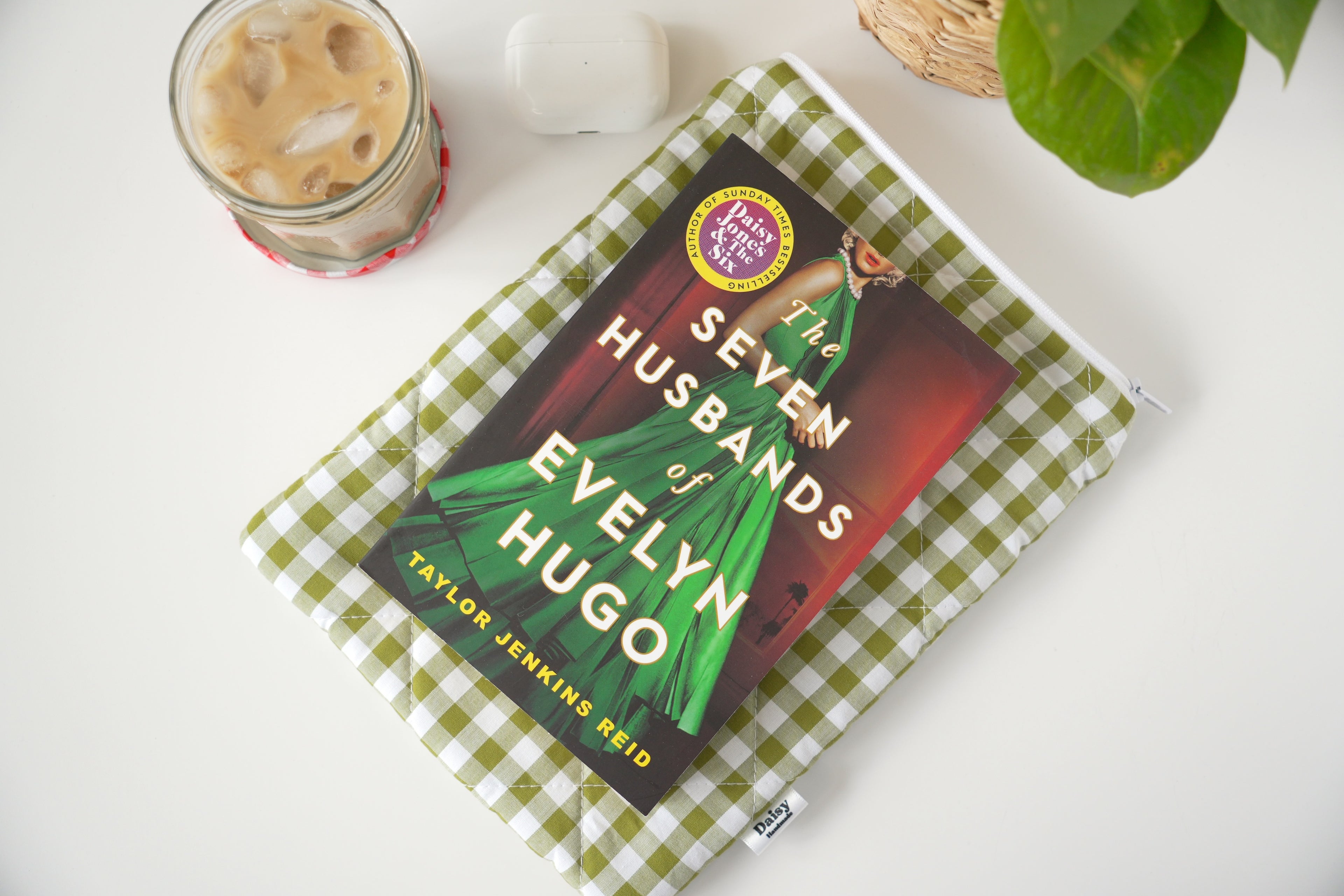 Quilted Olive green gingham book sleeve