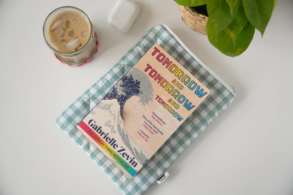 Quilted duck egg blue gingham book sleeve