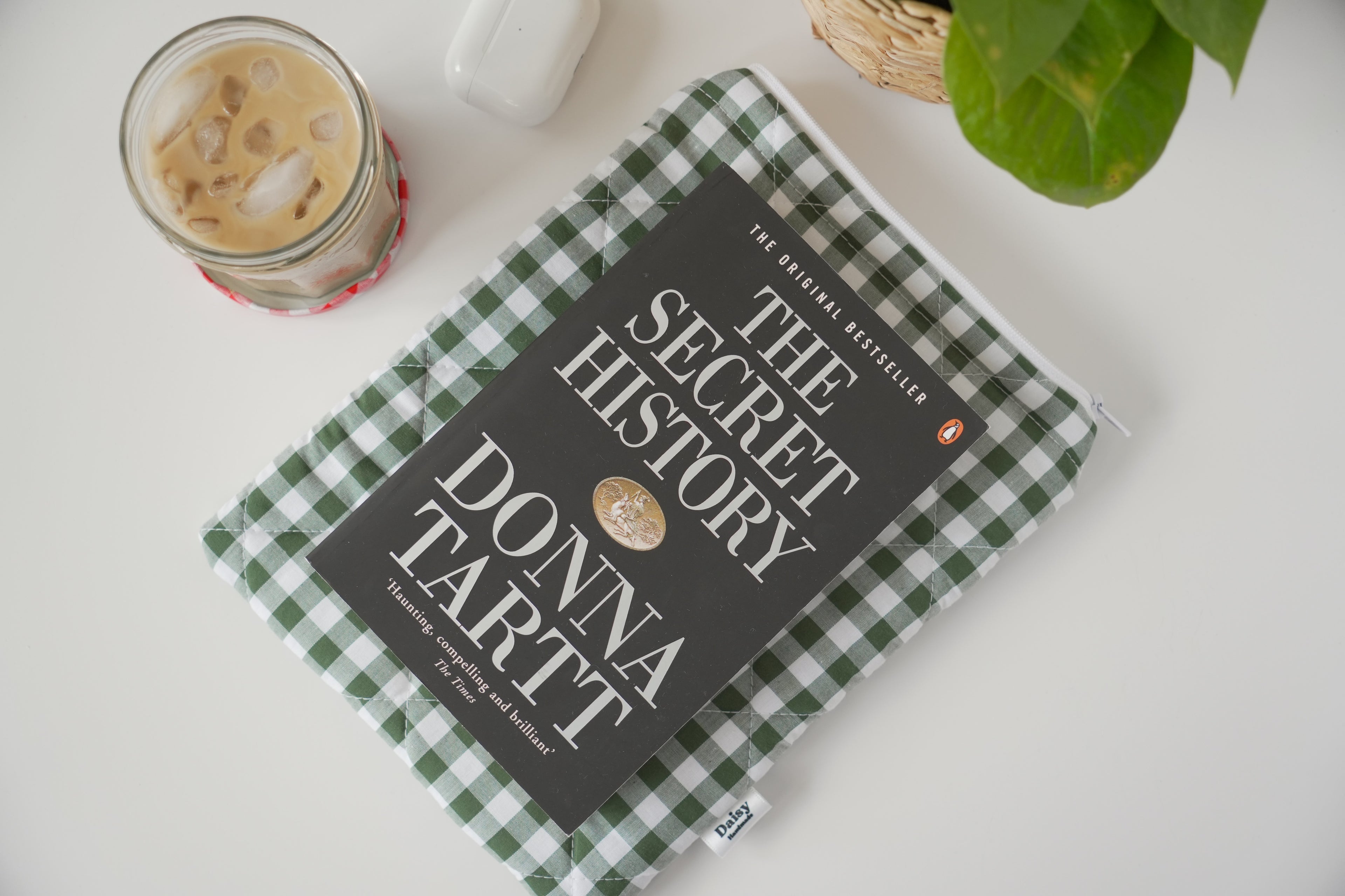 Quilted Forest green gingham book sleeve