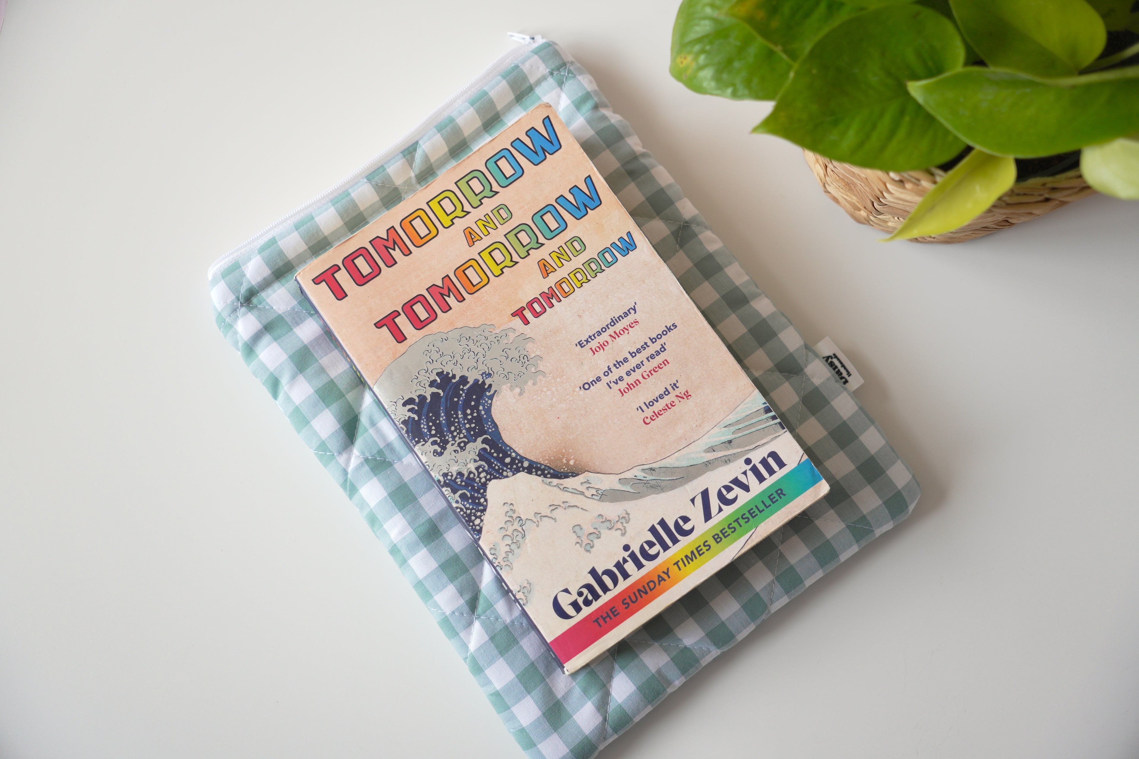 Quilted duck egg blue gingham book sleeve