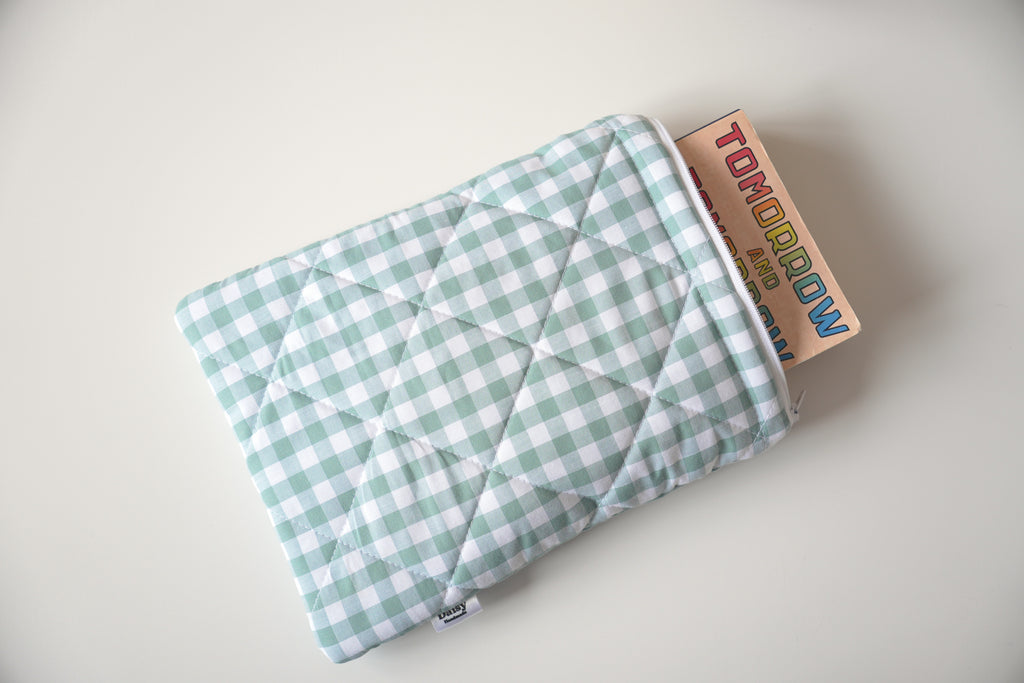 Quilted duck egg blue gingham book sleeve