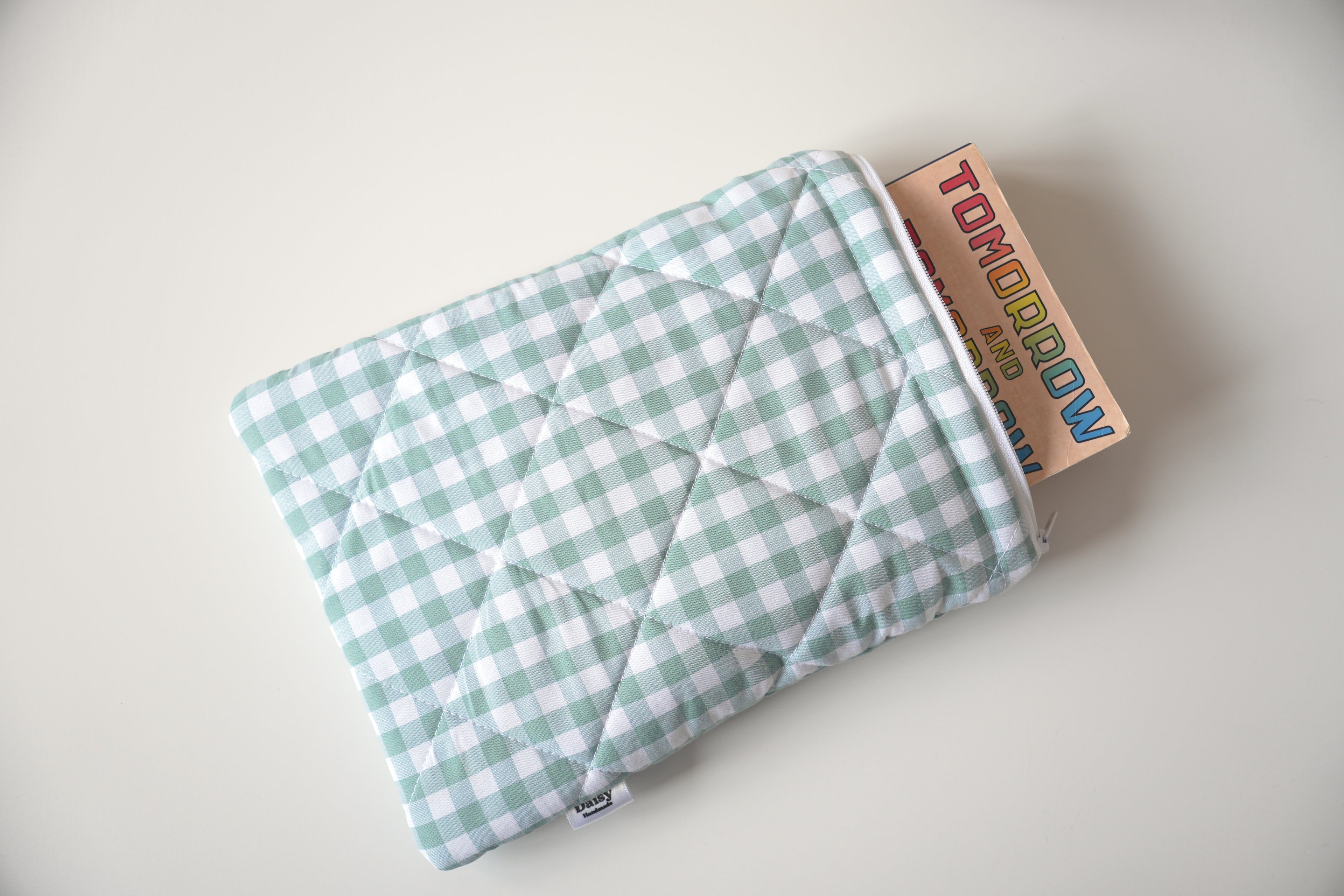 Quilted duck egg blue gingham book sleeve