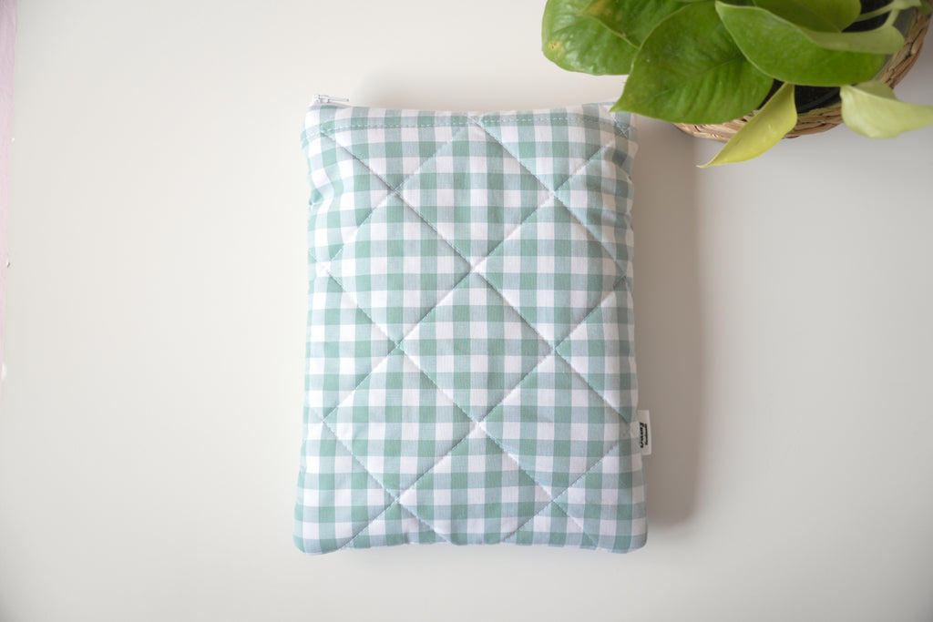 Quilted duck egg blue gingham book sleeve
