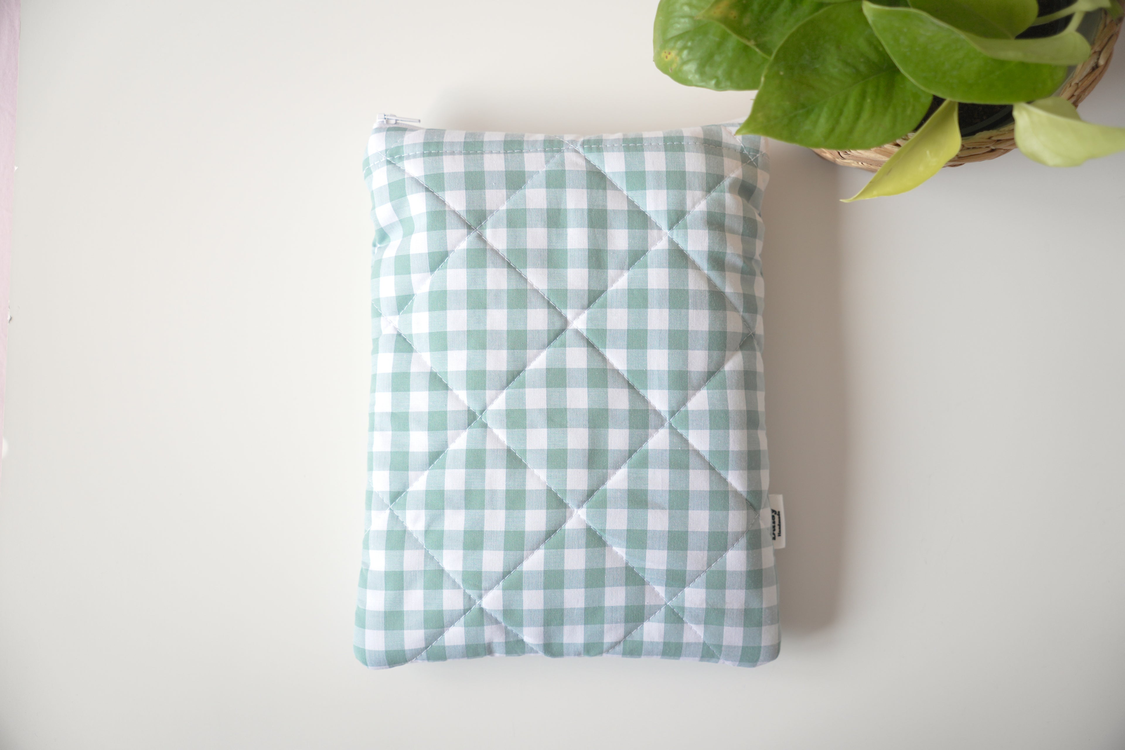 Quilted duck egg blue gingham book sleeve