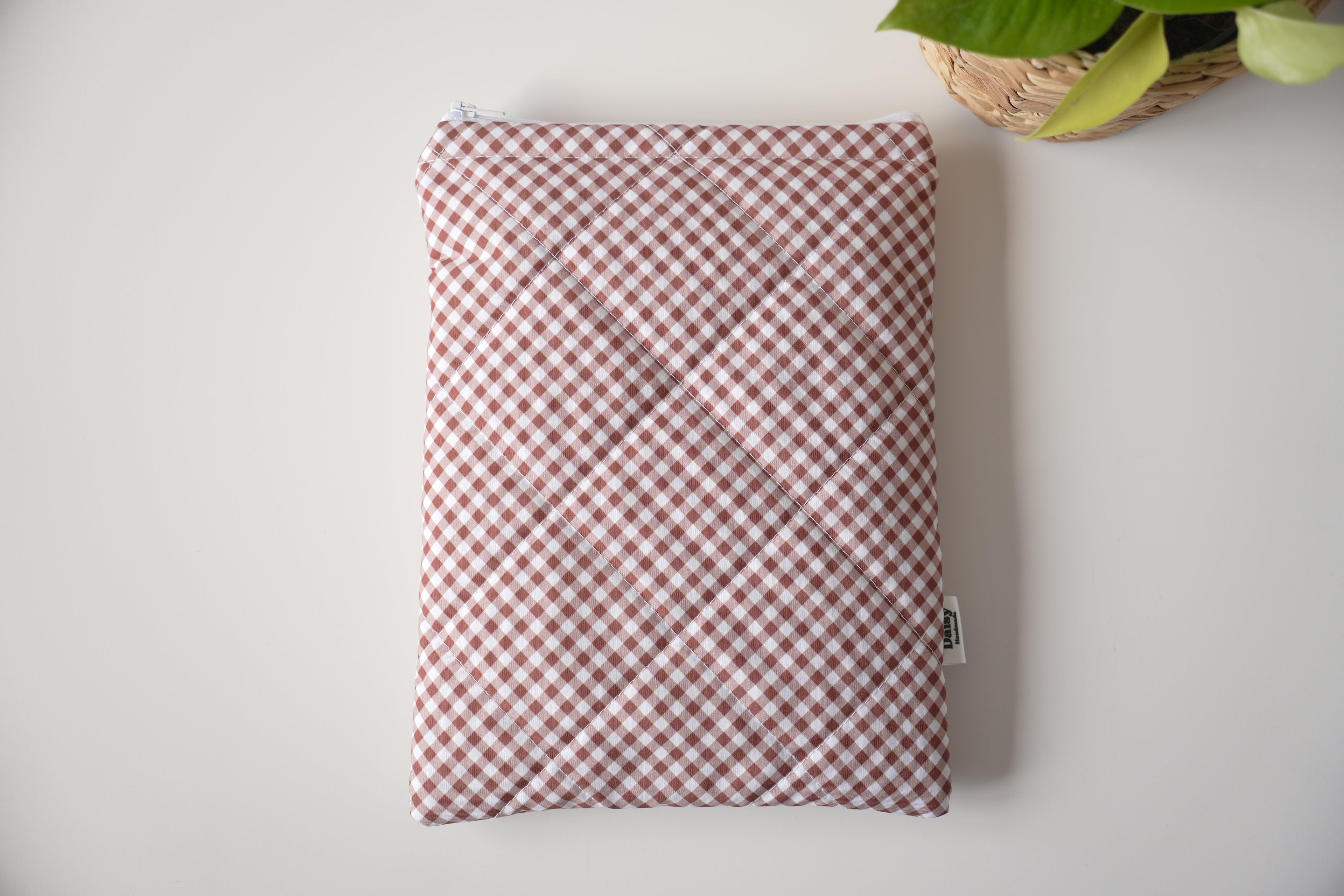 Quilted brown diagonal gingham book sleeve