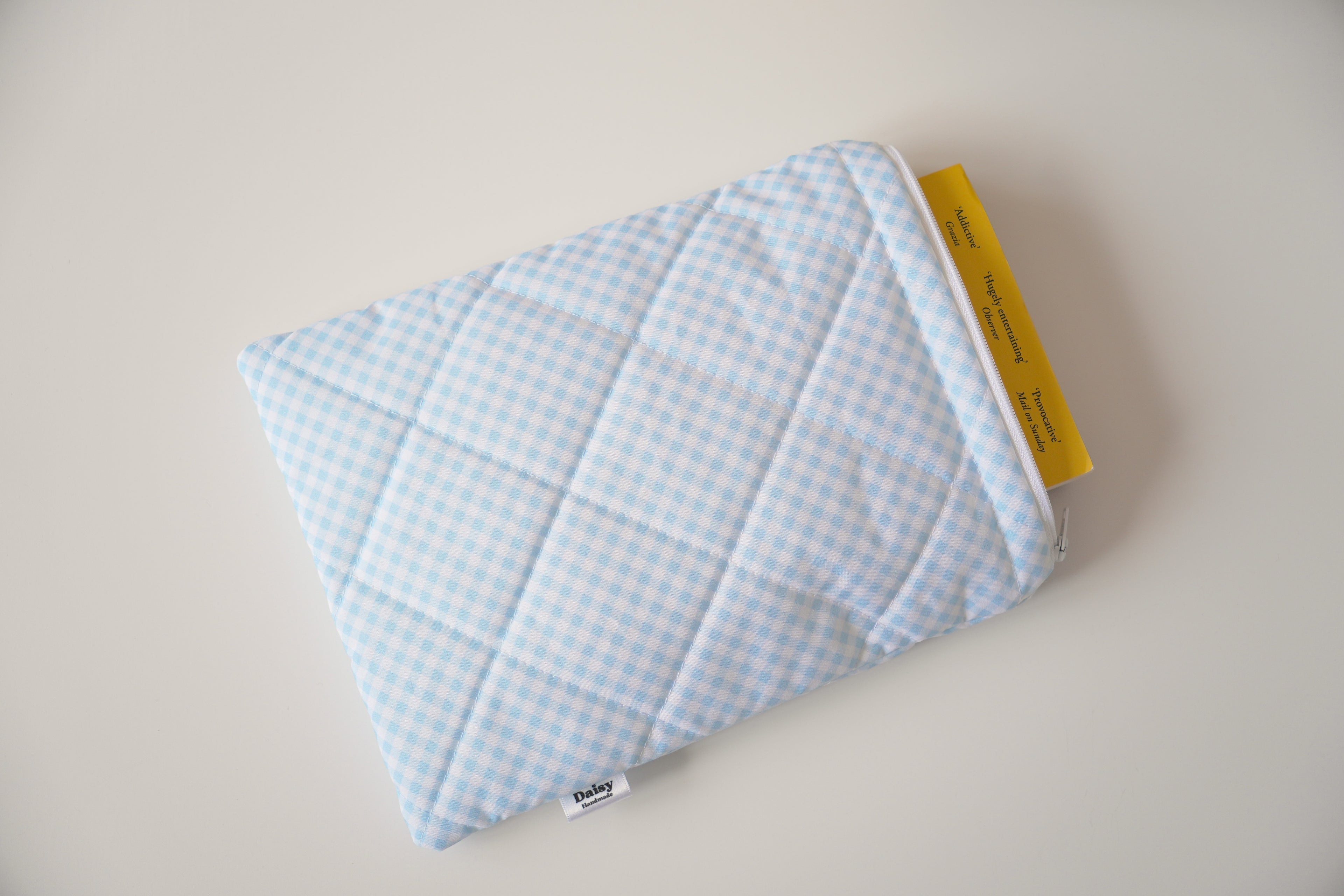Quilted light blue diagonal gingham book sleeve