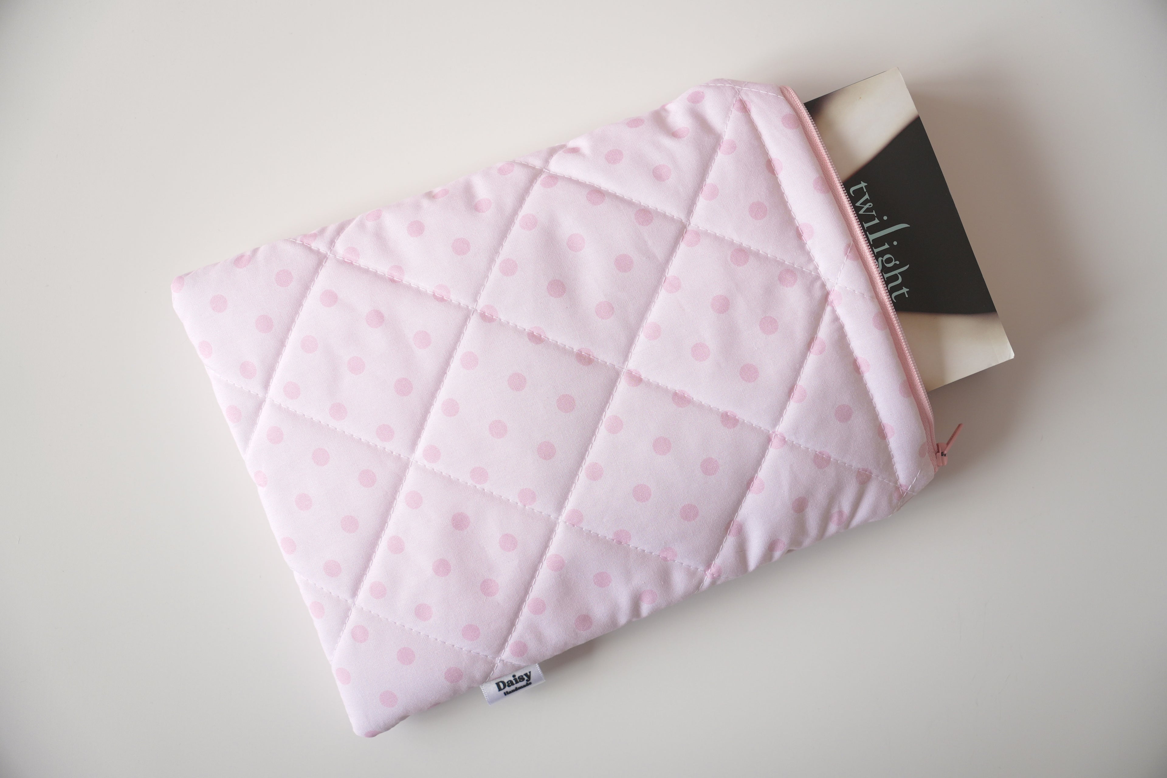 Quilted pink polka dot book sleeve