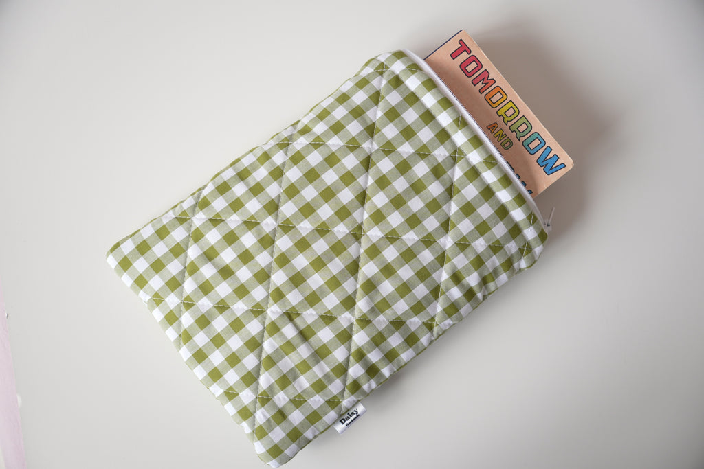 Quilted Olive green gingham book sleeve