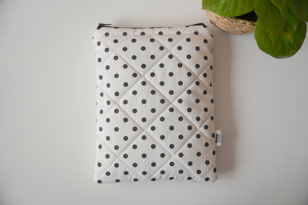 Quilted ivory and brown polka dot book sleeve