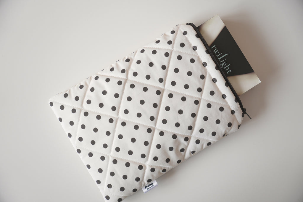 Quilted ivory and brown polka dot book sleeve