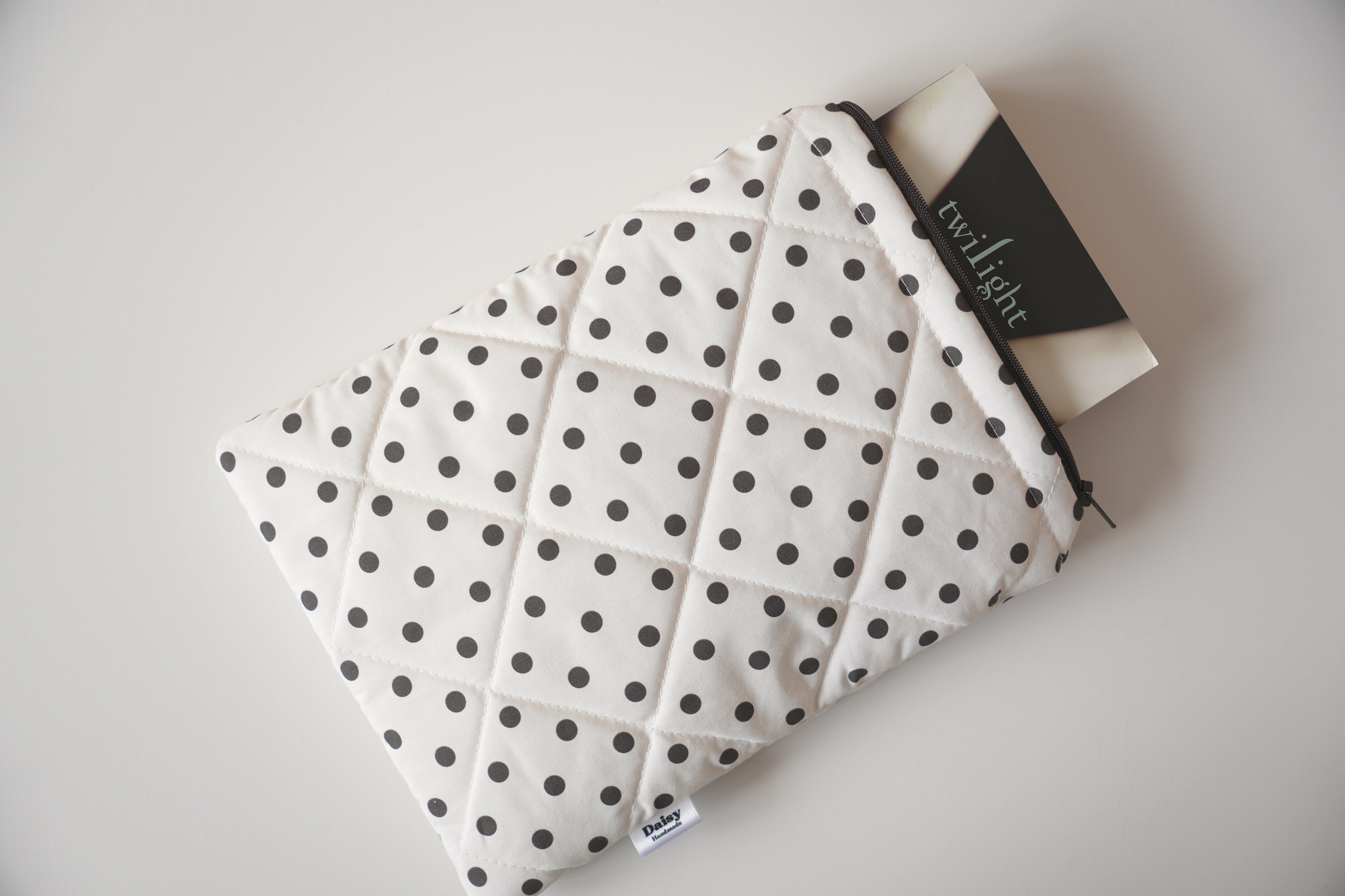 Quilted ivory and brown polka dot book sleeve