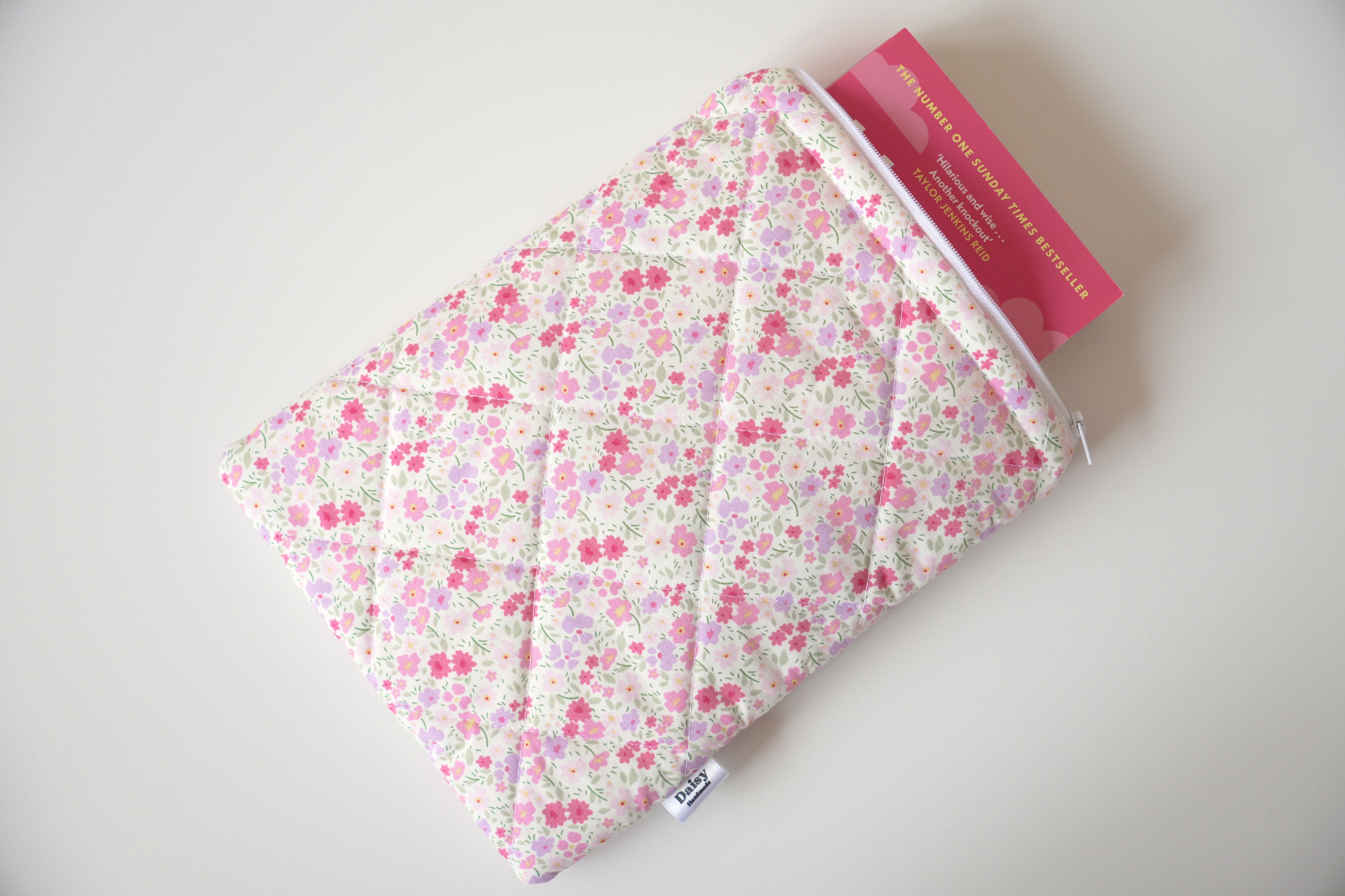 Quilted pink and purple floral book sleeve