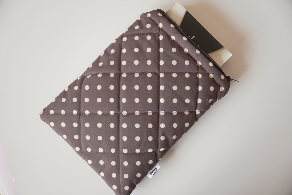 Quilted brown and yellow polka dot book sleeve