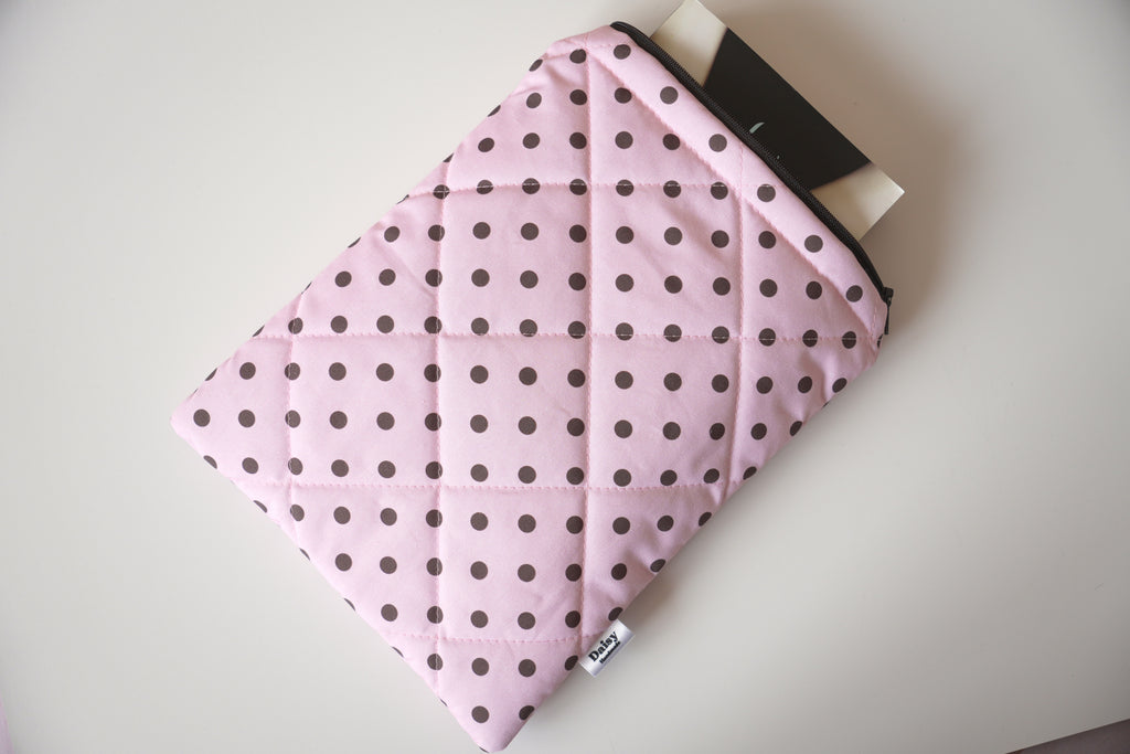 Quilted pink and brown polka dot book sleeve
