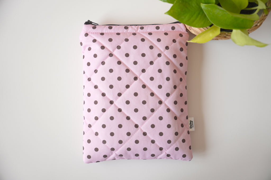 Quilted pink and brown polka dot book sleeve