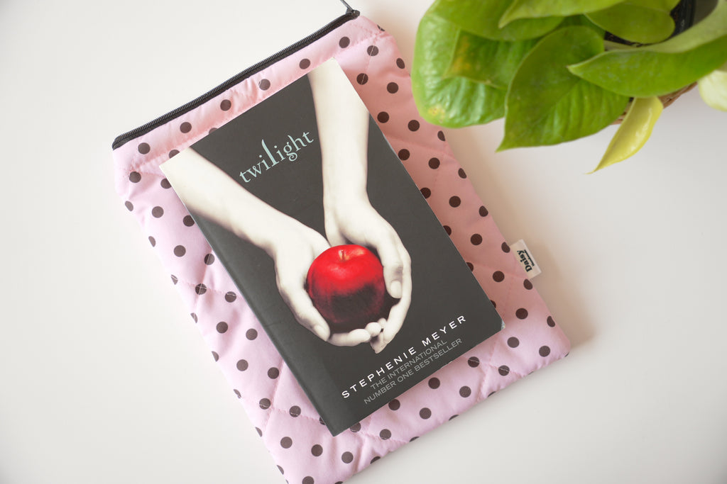 Quilted pink and brown polka dot book sleeve