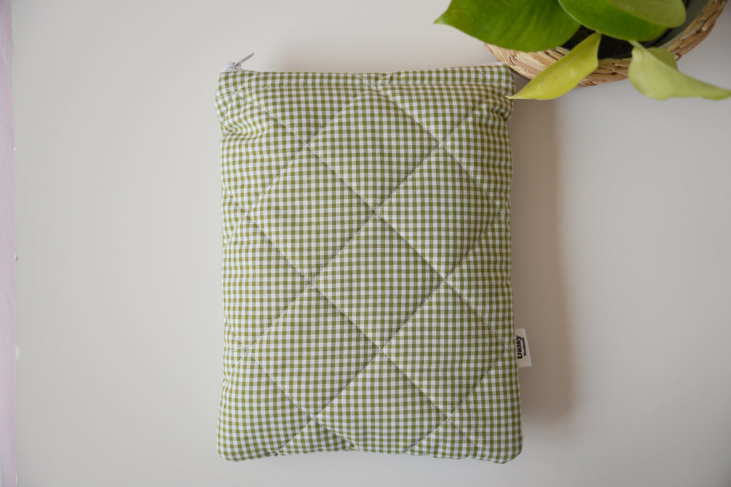 Quilted Olive green mini gingham book sleeve