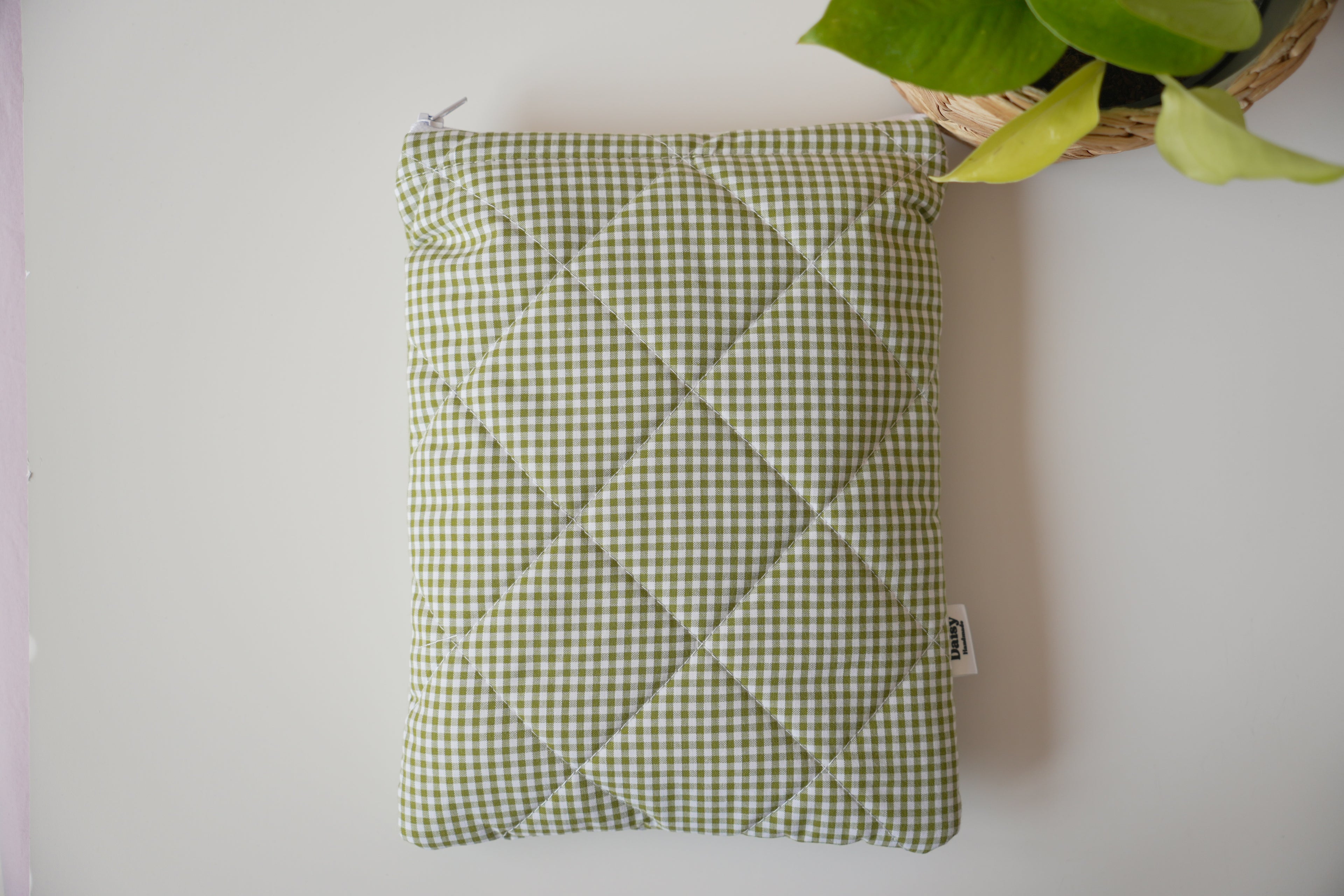 Quilted Olive green mini gingham book sleeve