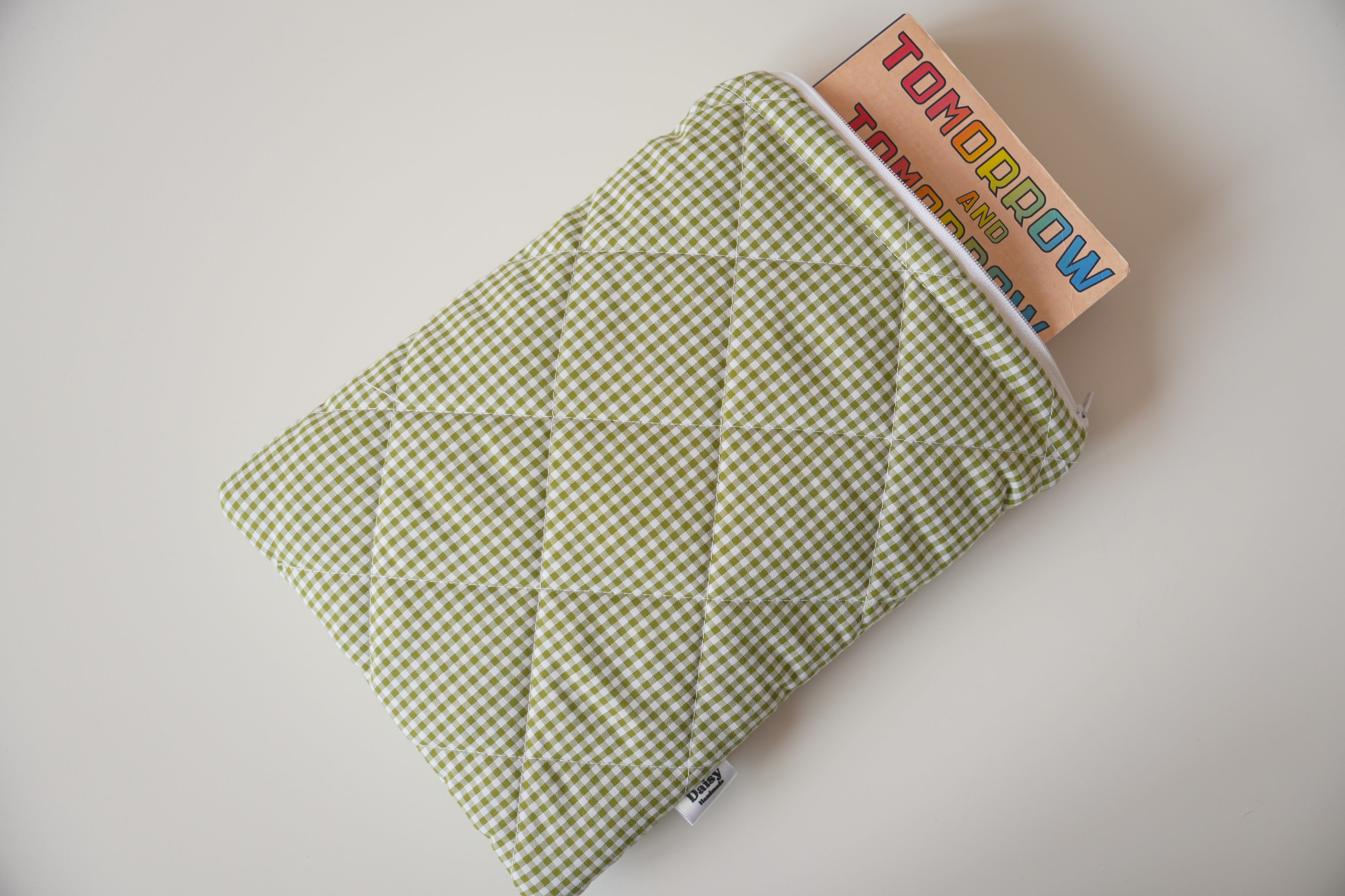 Quilted Olive green mini gingham book sleeve