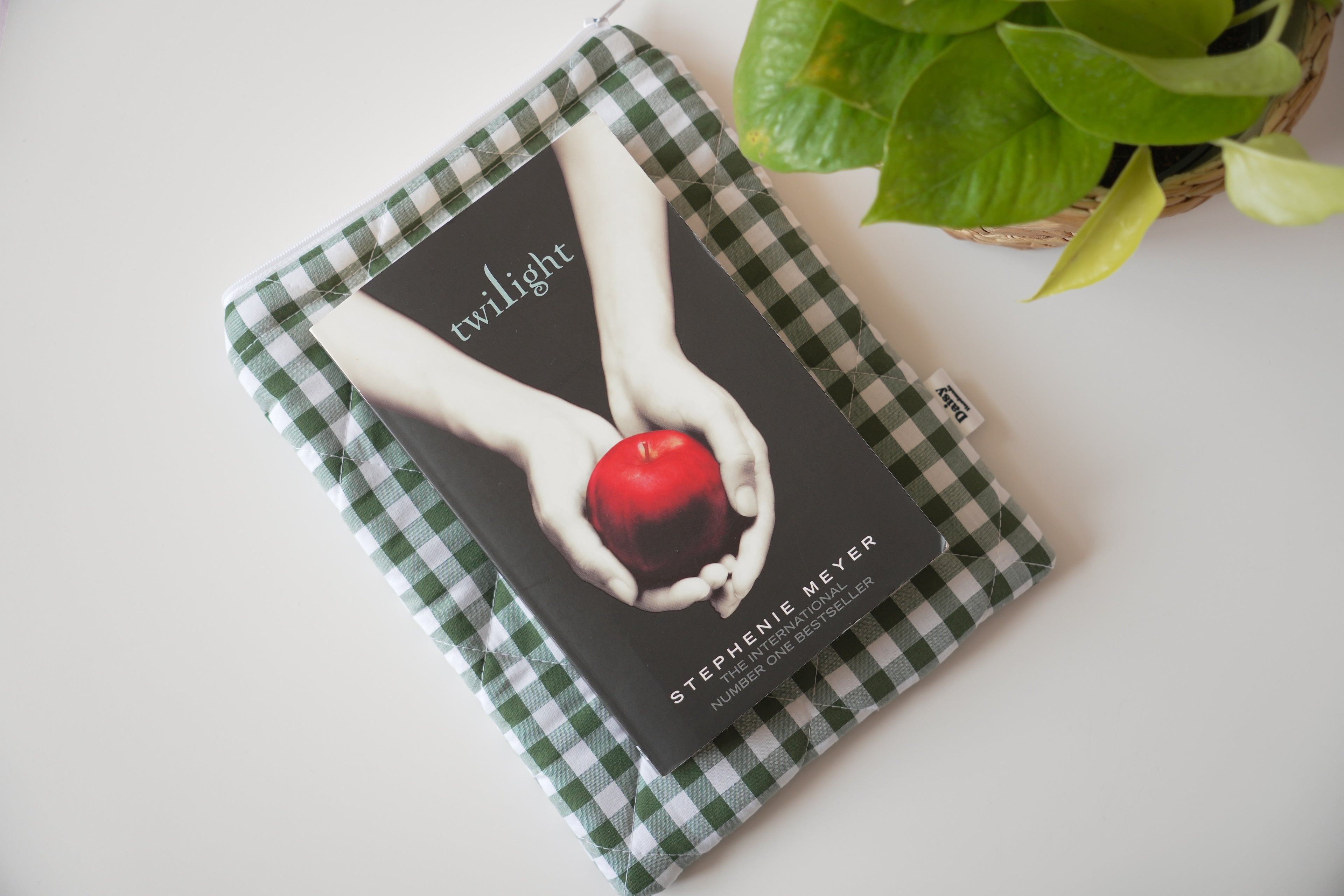 Quilted Forest green gingham book sleeve