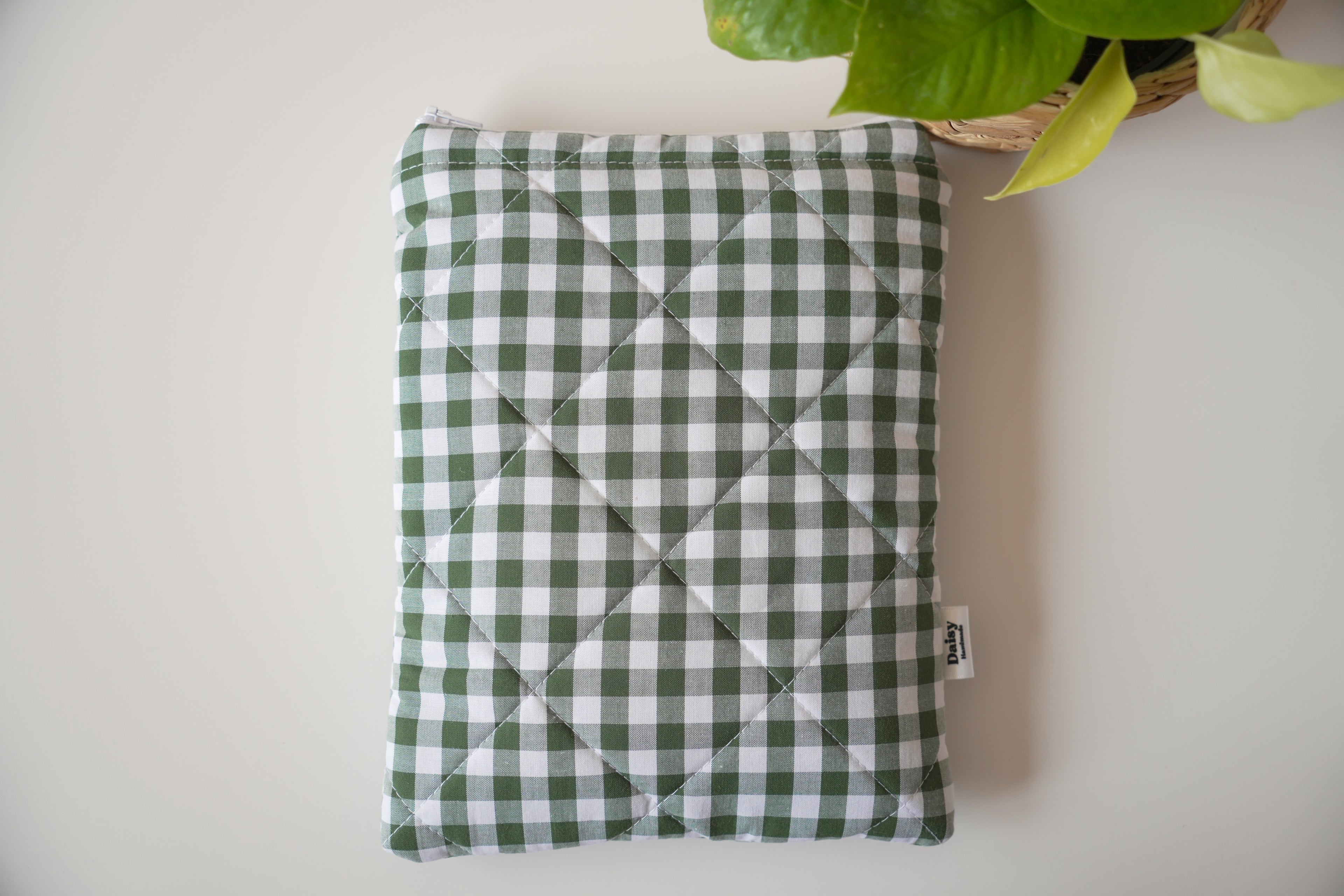 Quilted Forest green gingham book sleeve