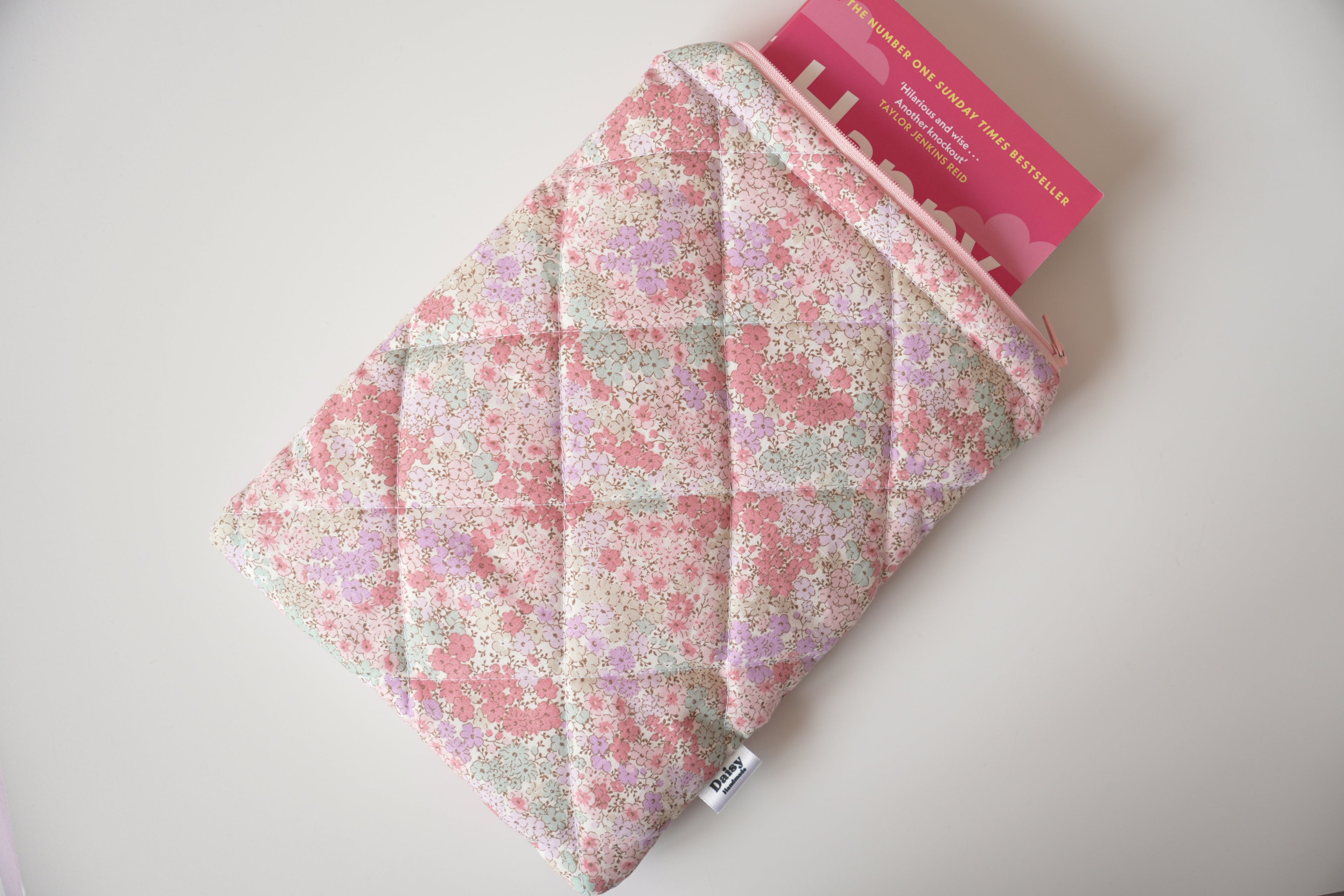 Quilted pink and teal floral book sleeve