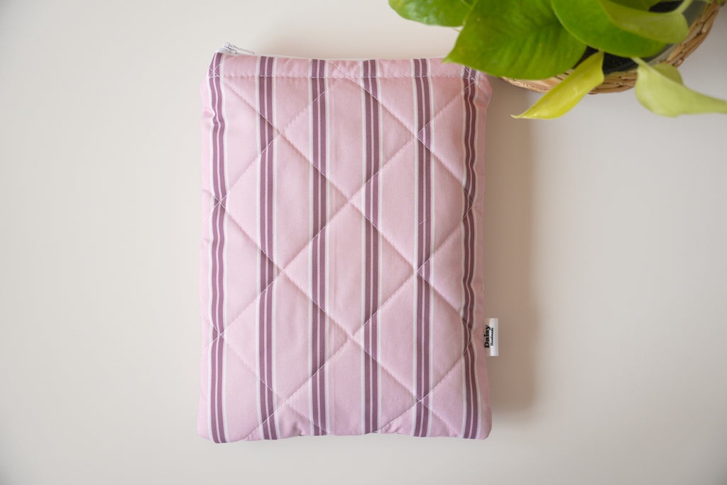 Quilted pink and maroon stripe book sleeve