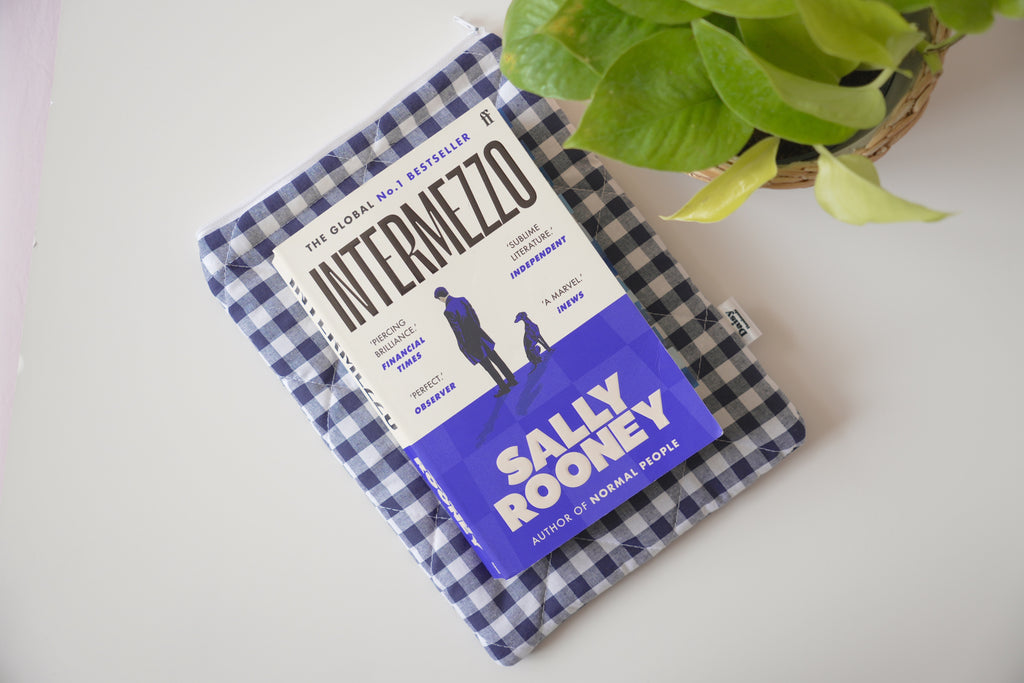 Quilted navy blue gingham book sleeve