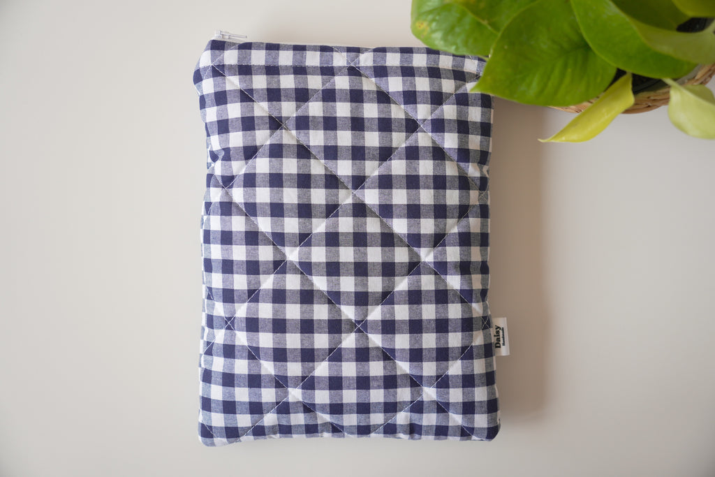 Quilted navy blue gingham book sleeve