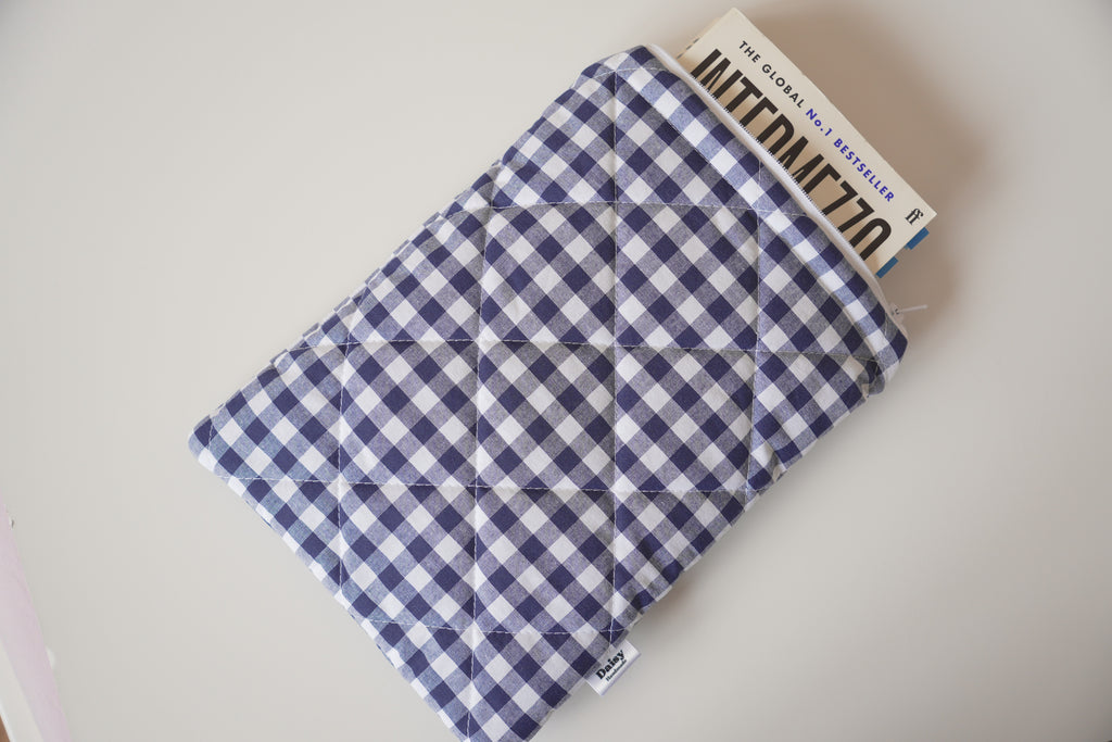 Quilted navy blue gingham book sleeve