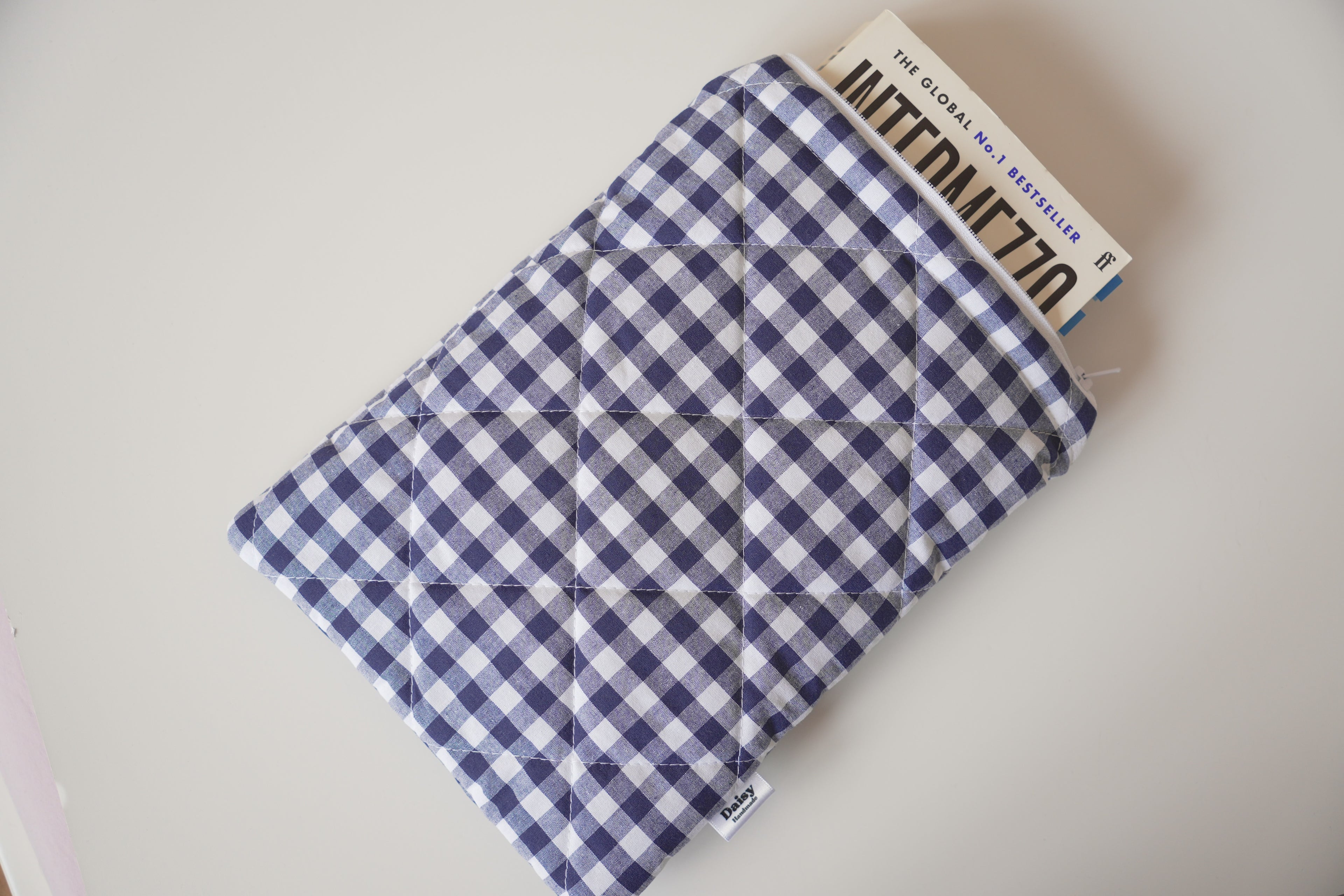 Quilted navy blue gingham book sleeve