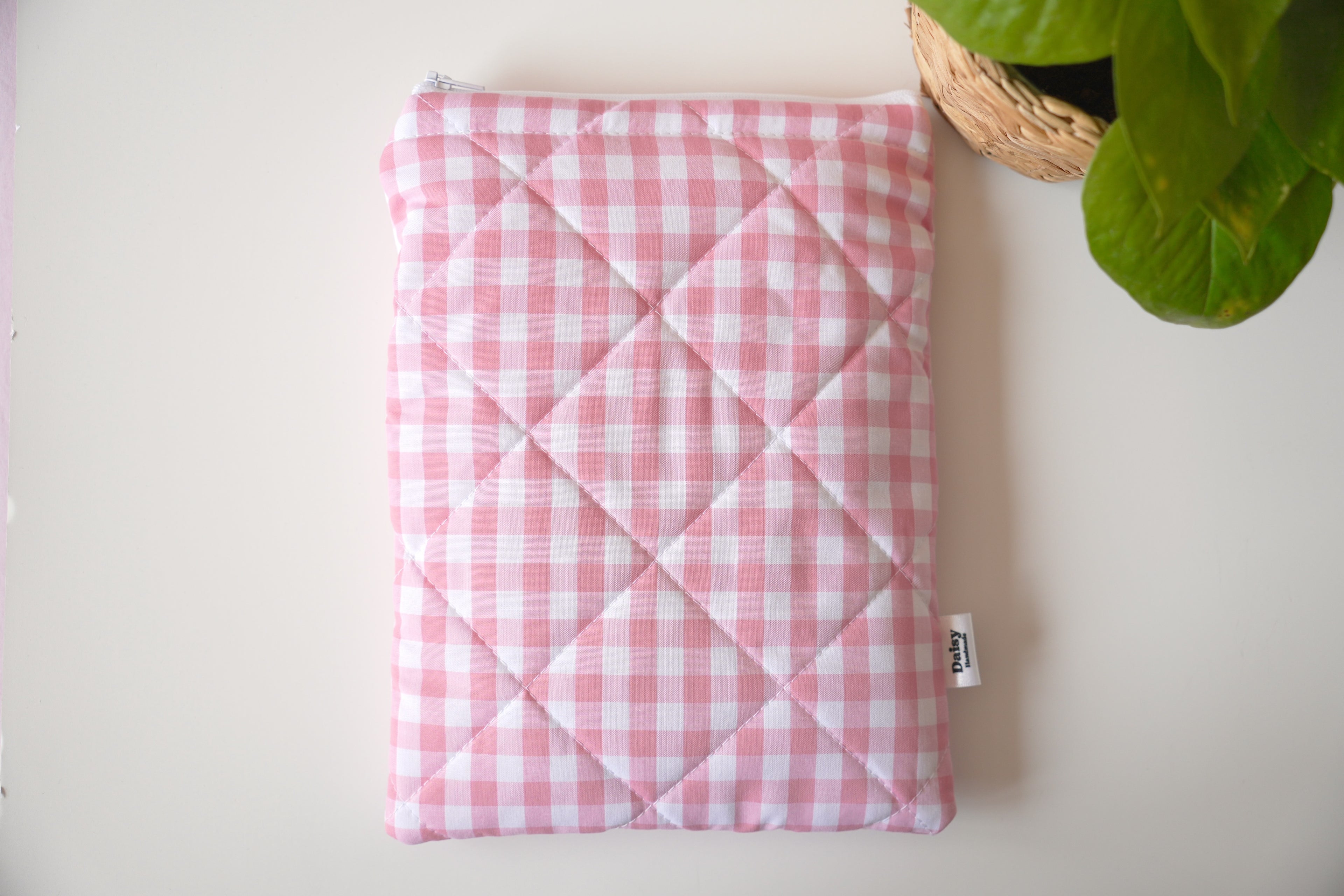 Quilted pink gingham book sleeve