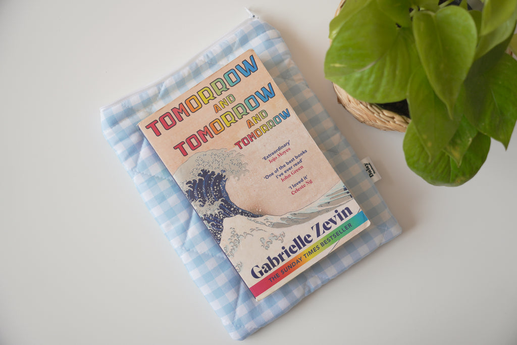 Quilted light blue gingham book sleeve