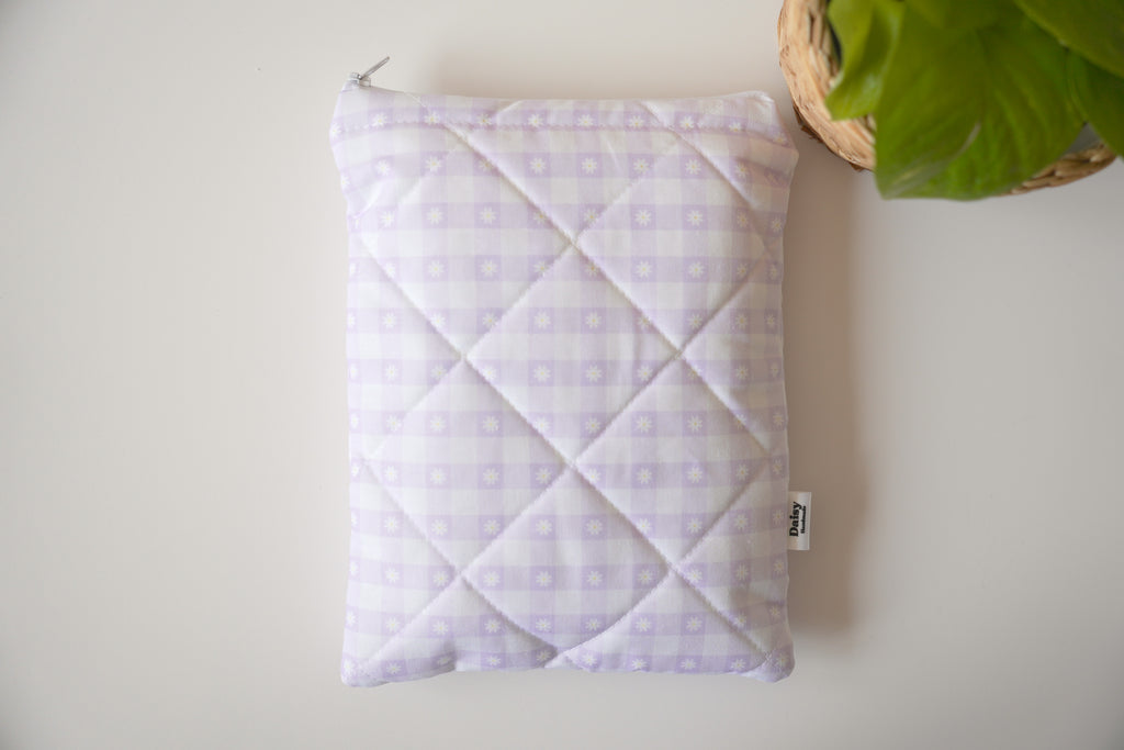 Quilted purple daisy gingham book sleeve