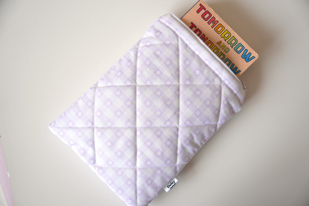 Quilted purple daisy gingham book sleeve