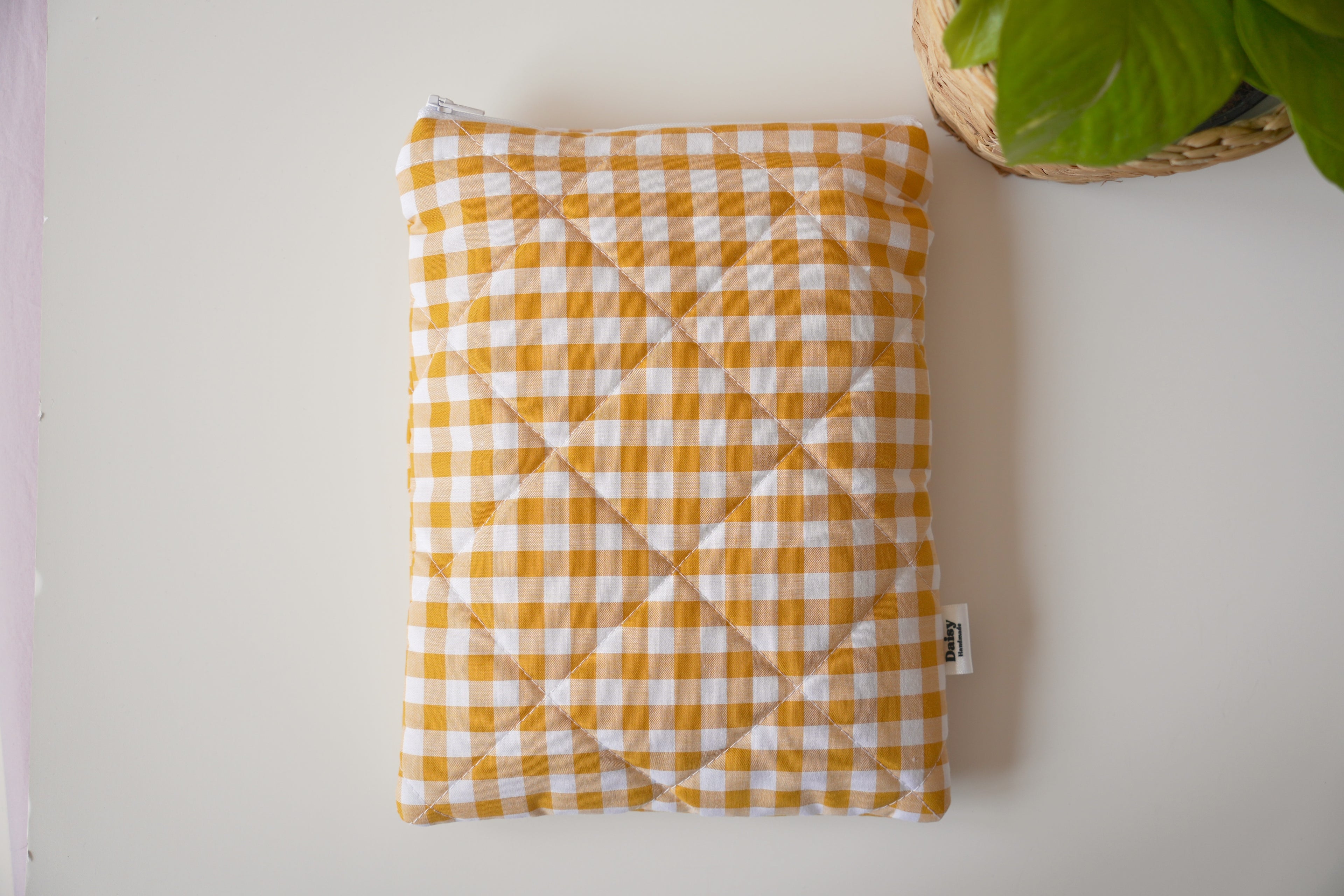 Quilted mustard yellow gingham book sleeve