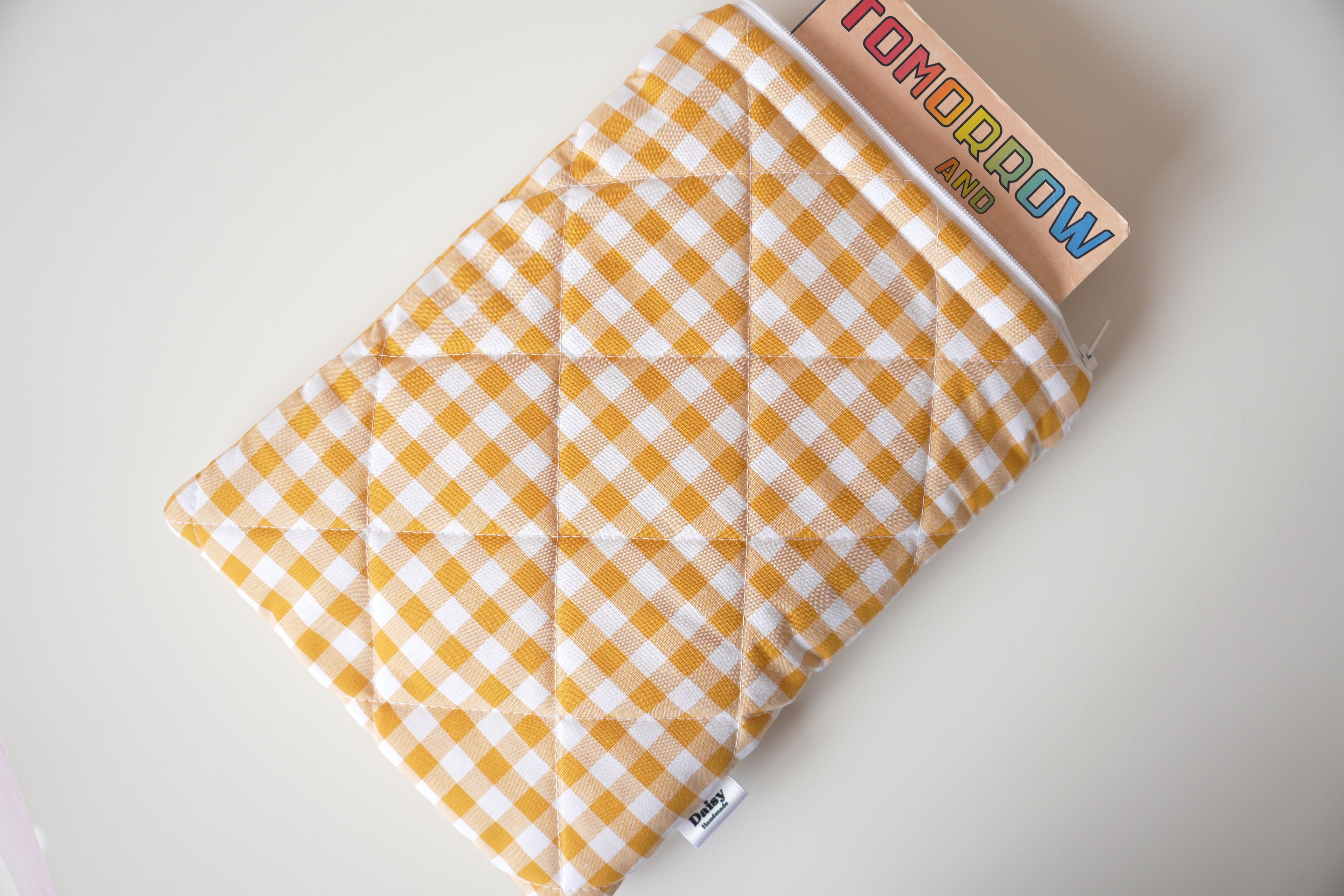 Quilted mustard yellow gingham book sleeve