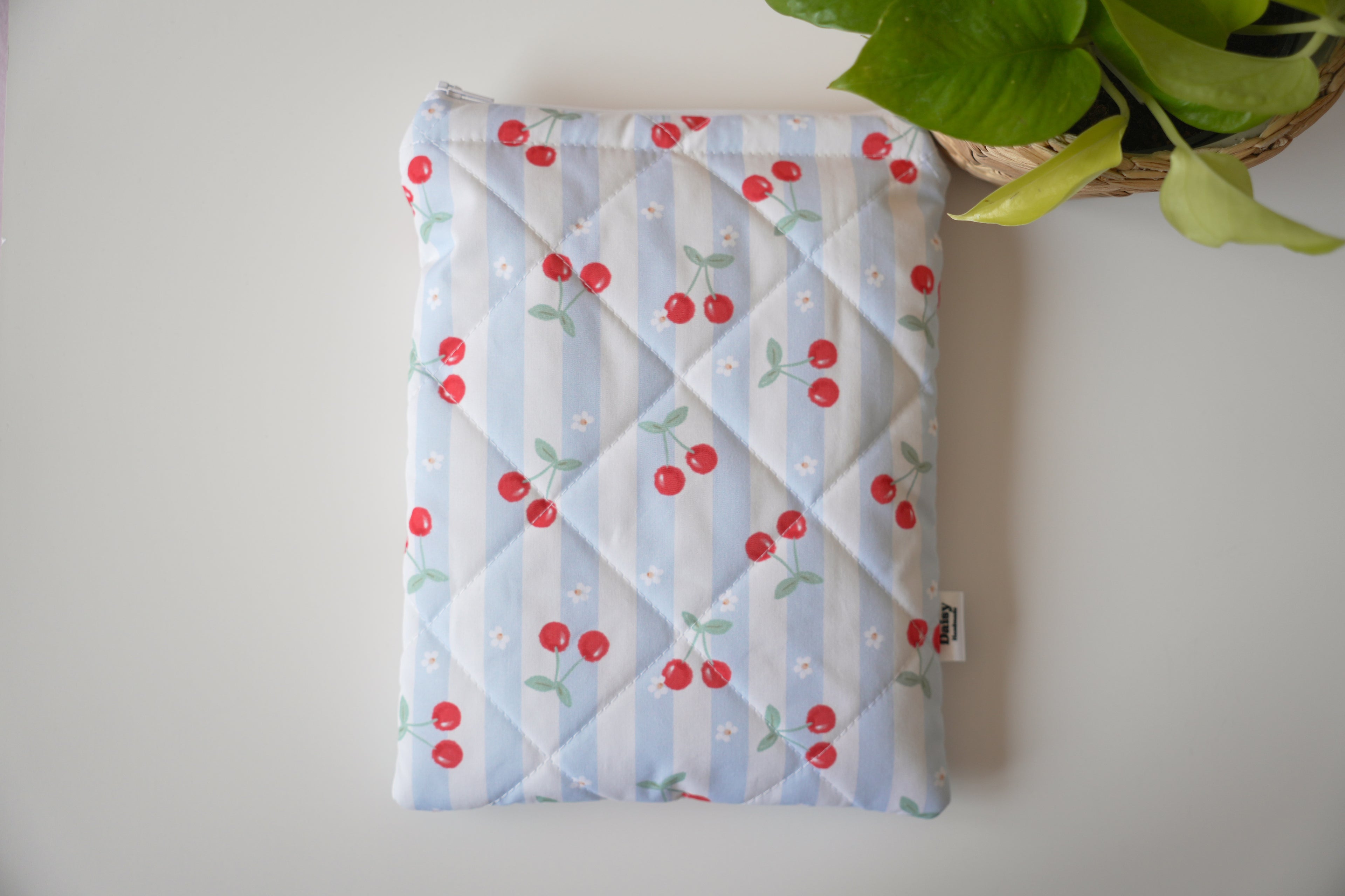 Quilted blue cherry stripe book sleeve