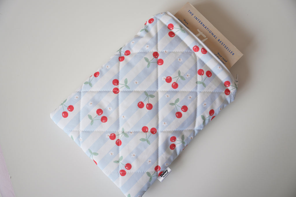 Quilted blue cherry stripe book sleeve